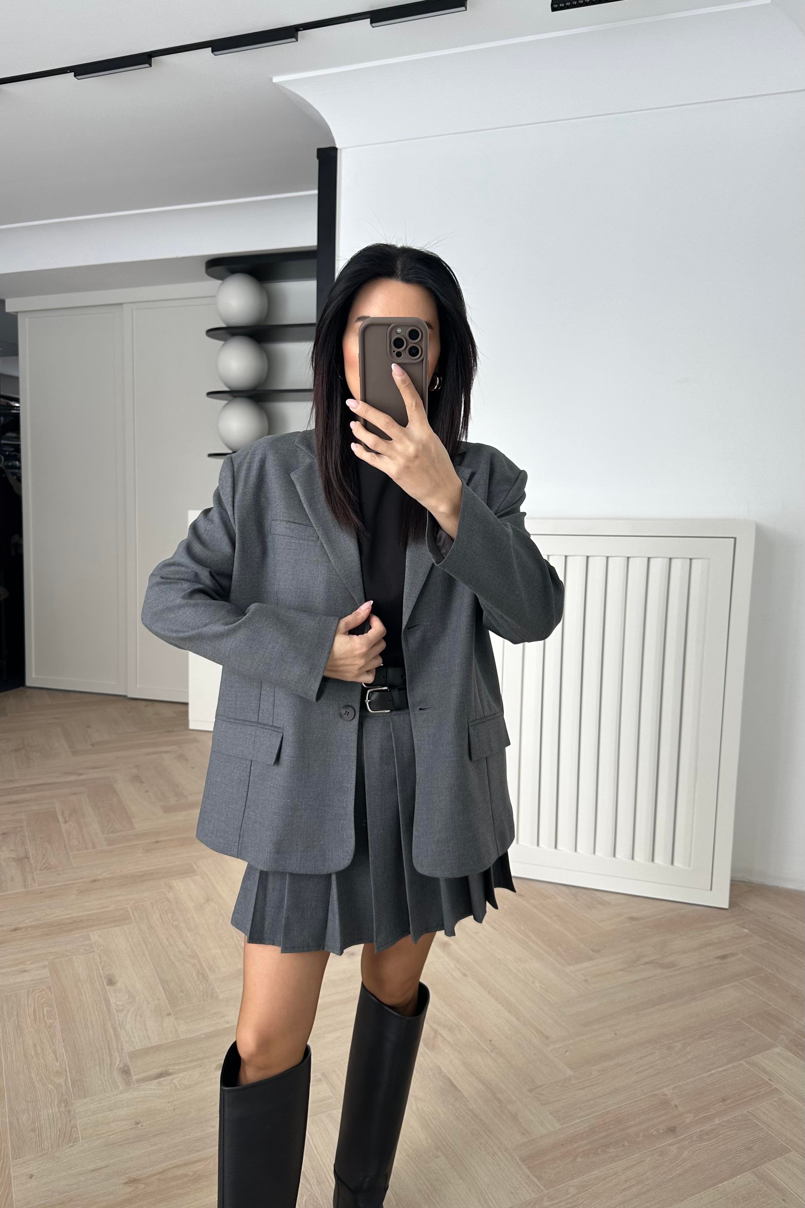 Gri Çift Düğmeli Blazer Ceket 