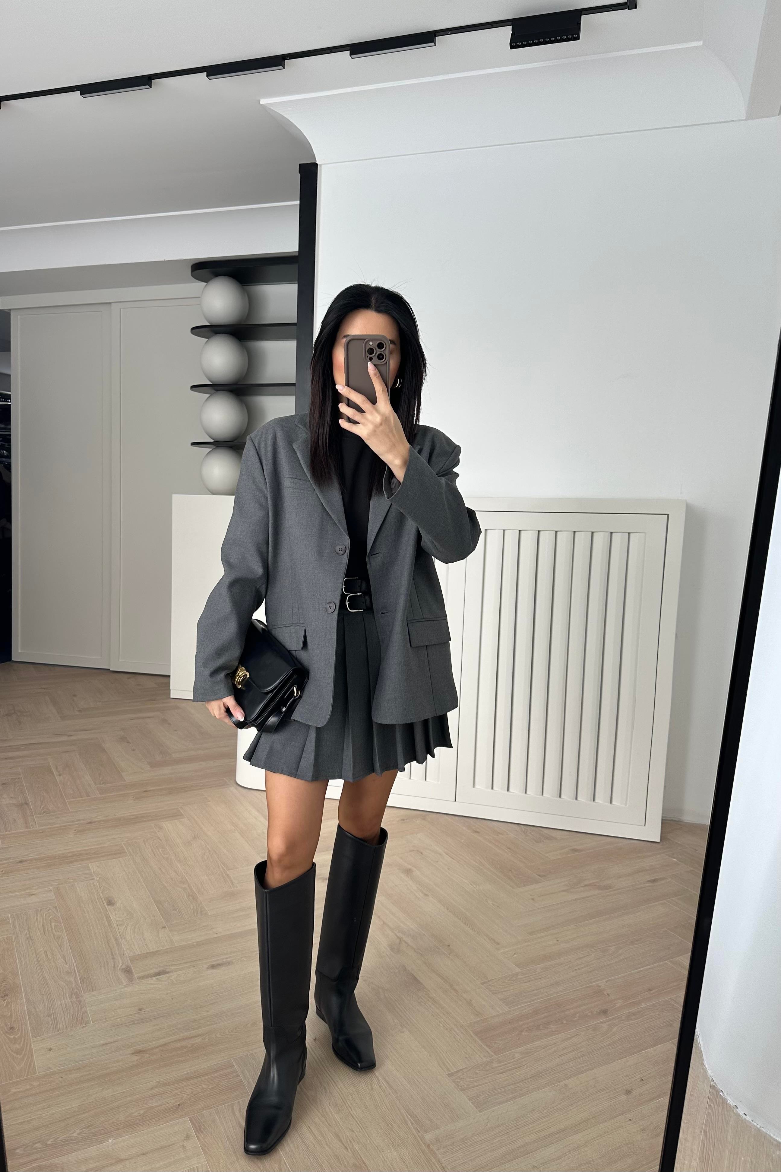 Gri Çift Düğmeli Blazer Ceket 