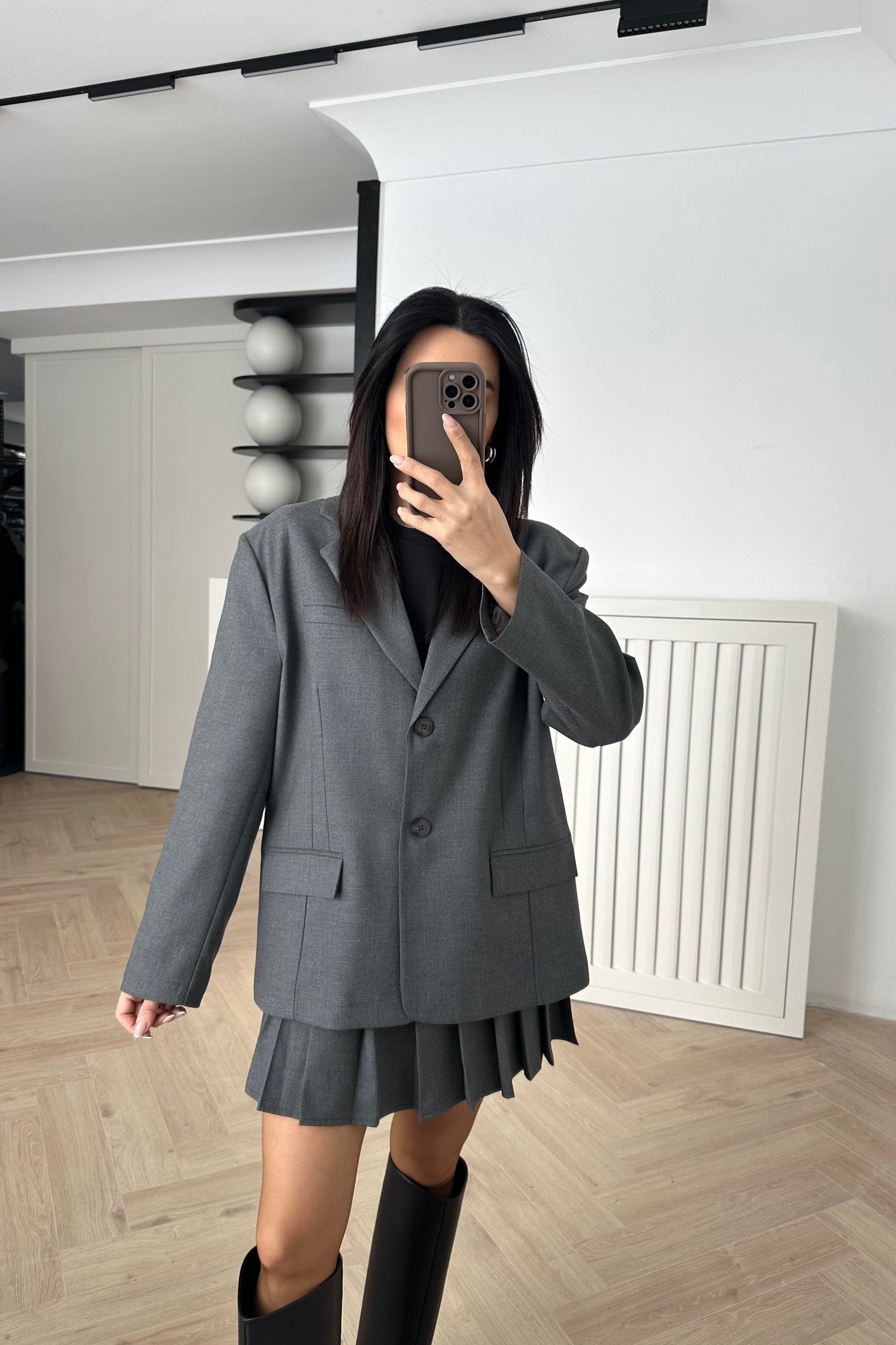 Gri Çift Düğmeli Blazer Ceket 