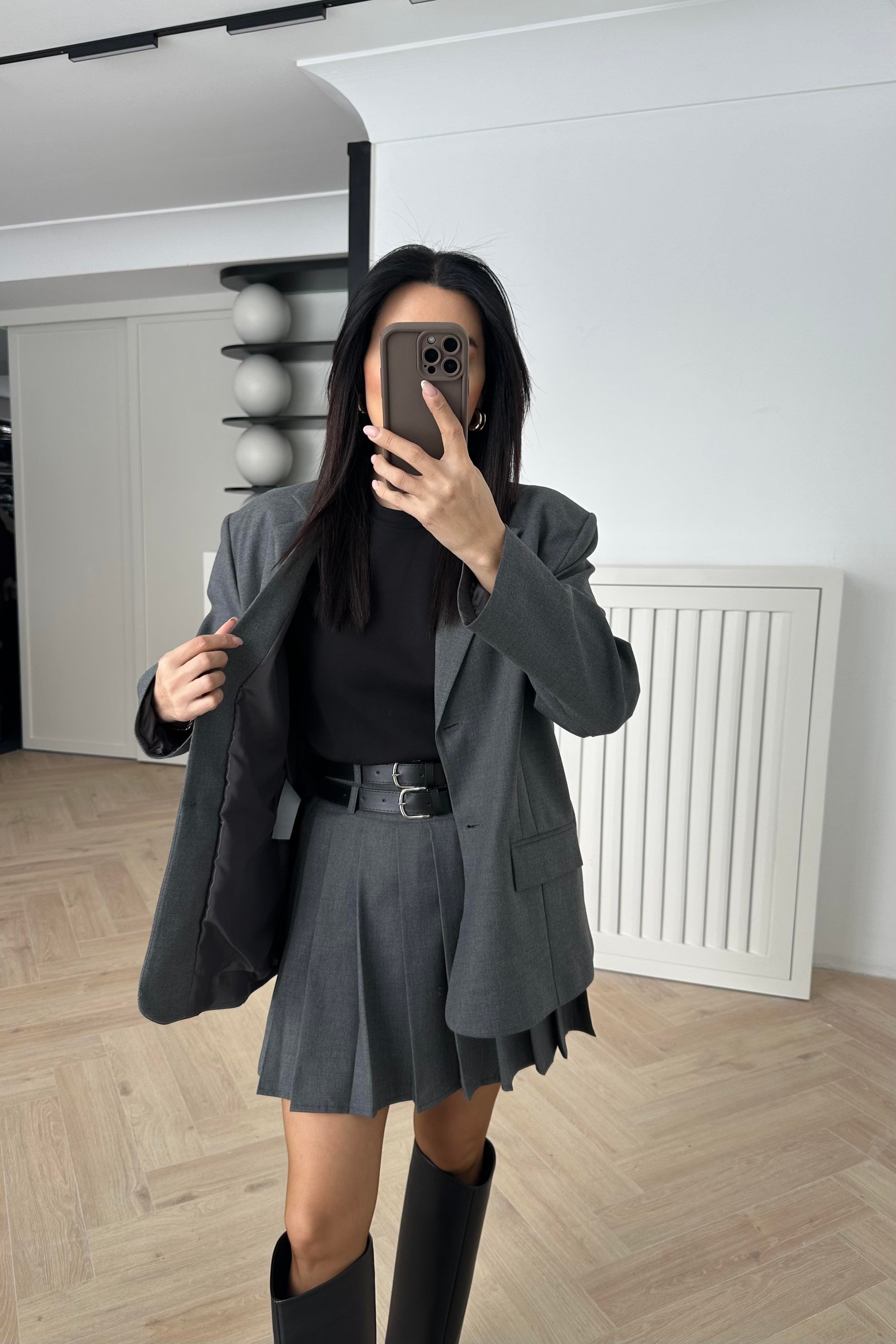 Gri Çift Düğmeli Blazer Ceket 