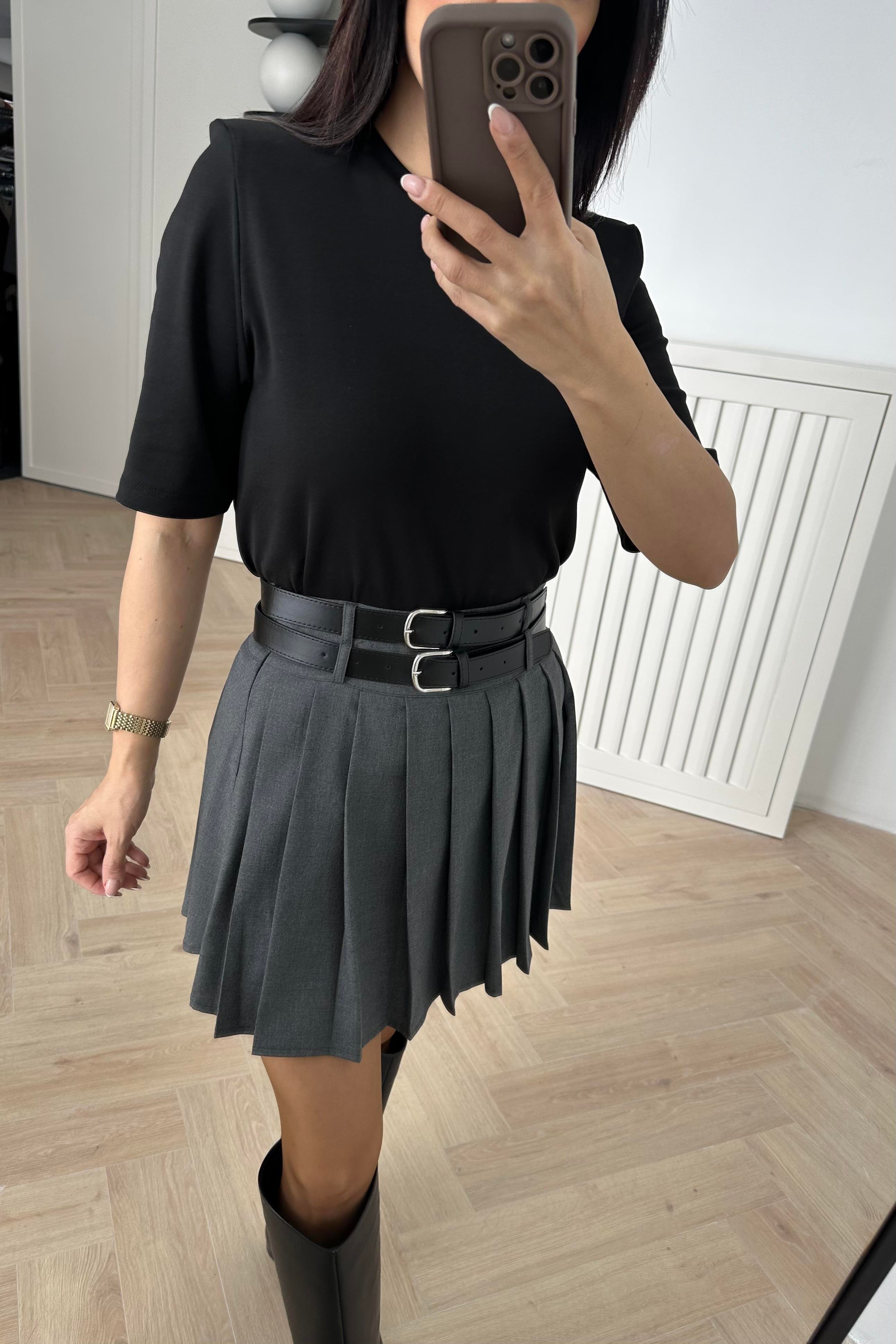 Gri Çift Kemerli Pileli Etek 