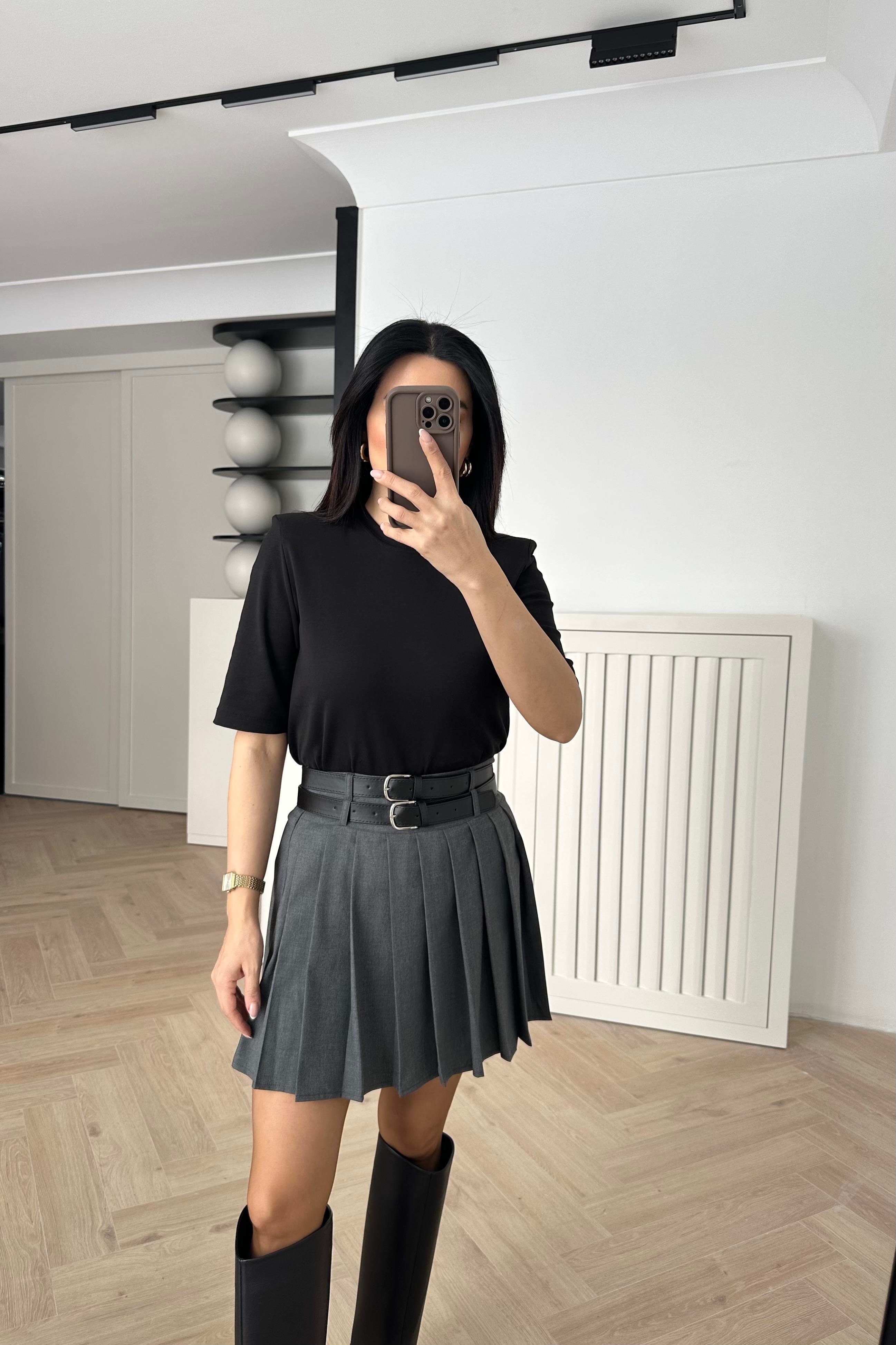 Gri Çift Kemerli Pileli Etek 