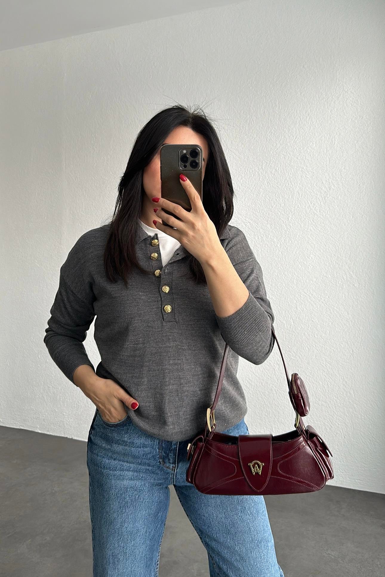 Gri Gold Düğmeli Polo Yaka Triko