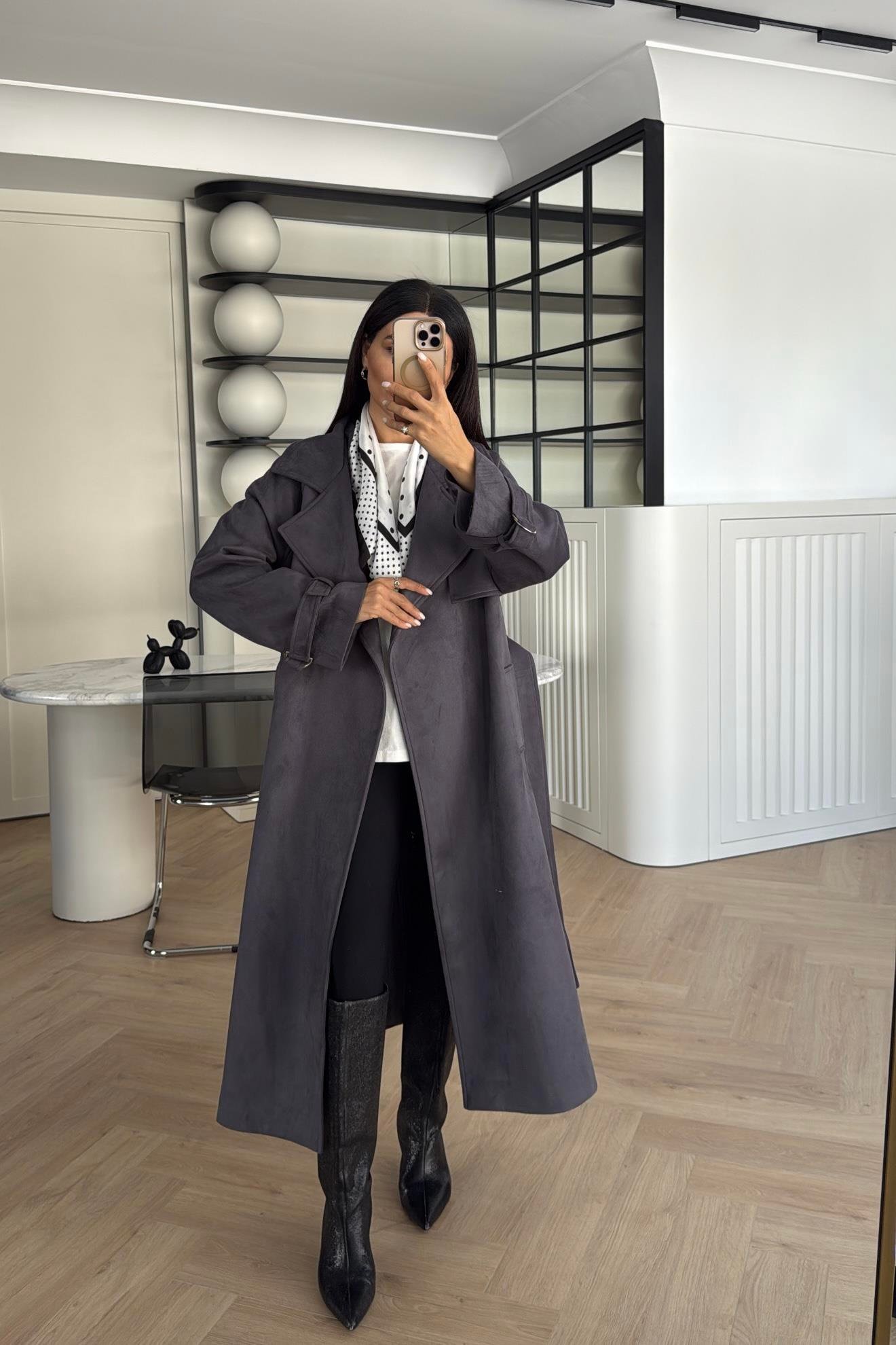 GRİ KUŞAKLI SÜET TRENÇKOT