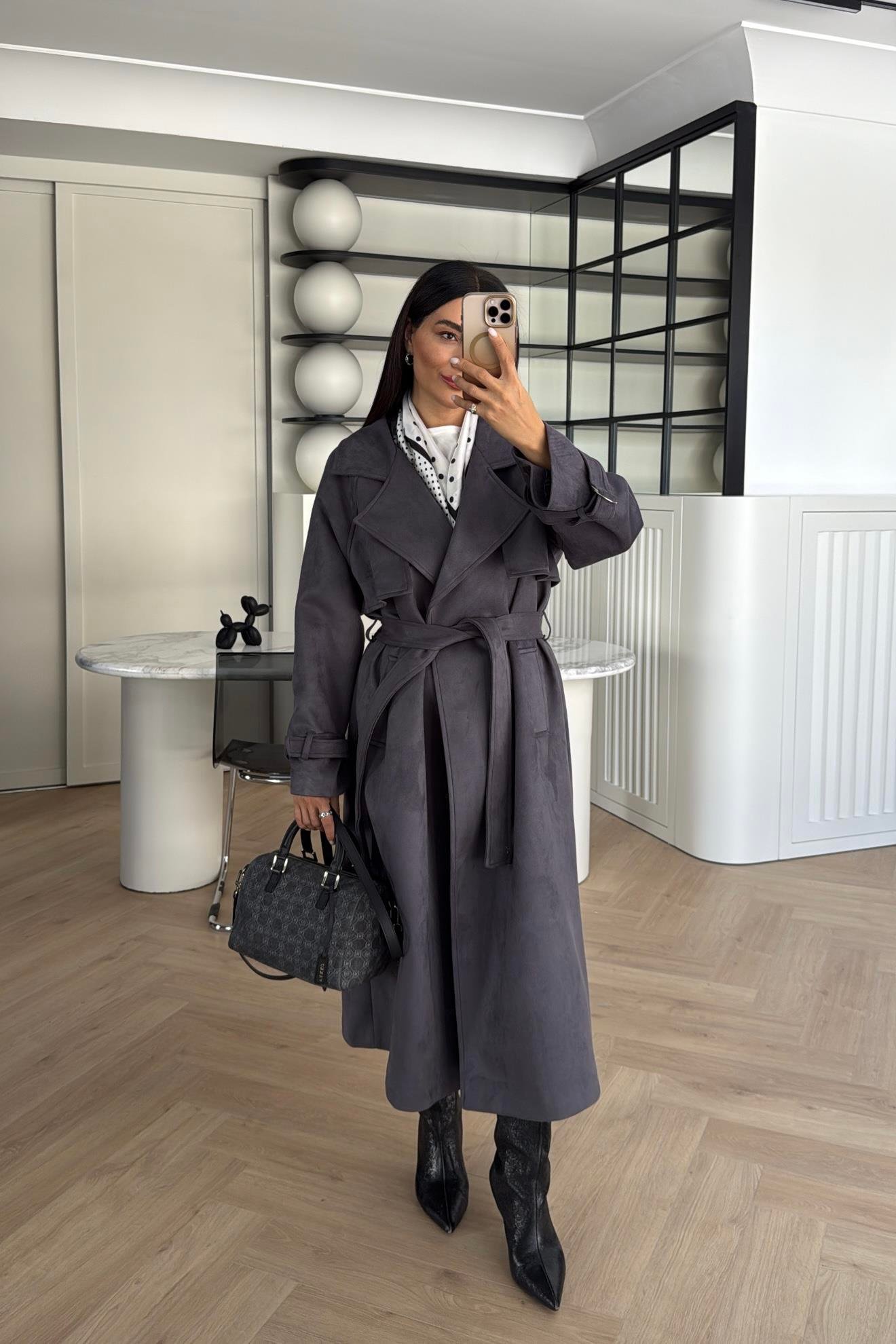 GRİ KUŞAKLI SÜET TRENÇKOT