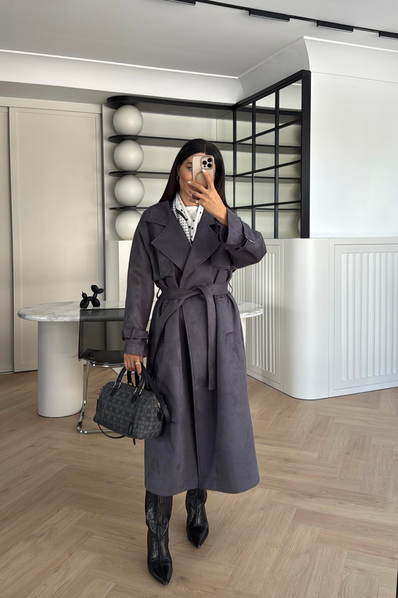 GRİ KUŞAKLI SÜET TRENÇKOT