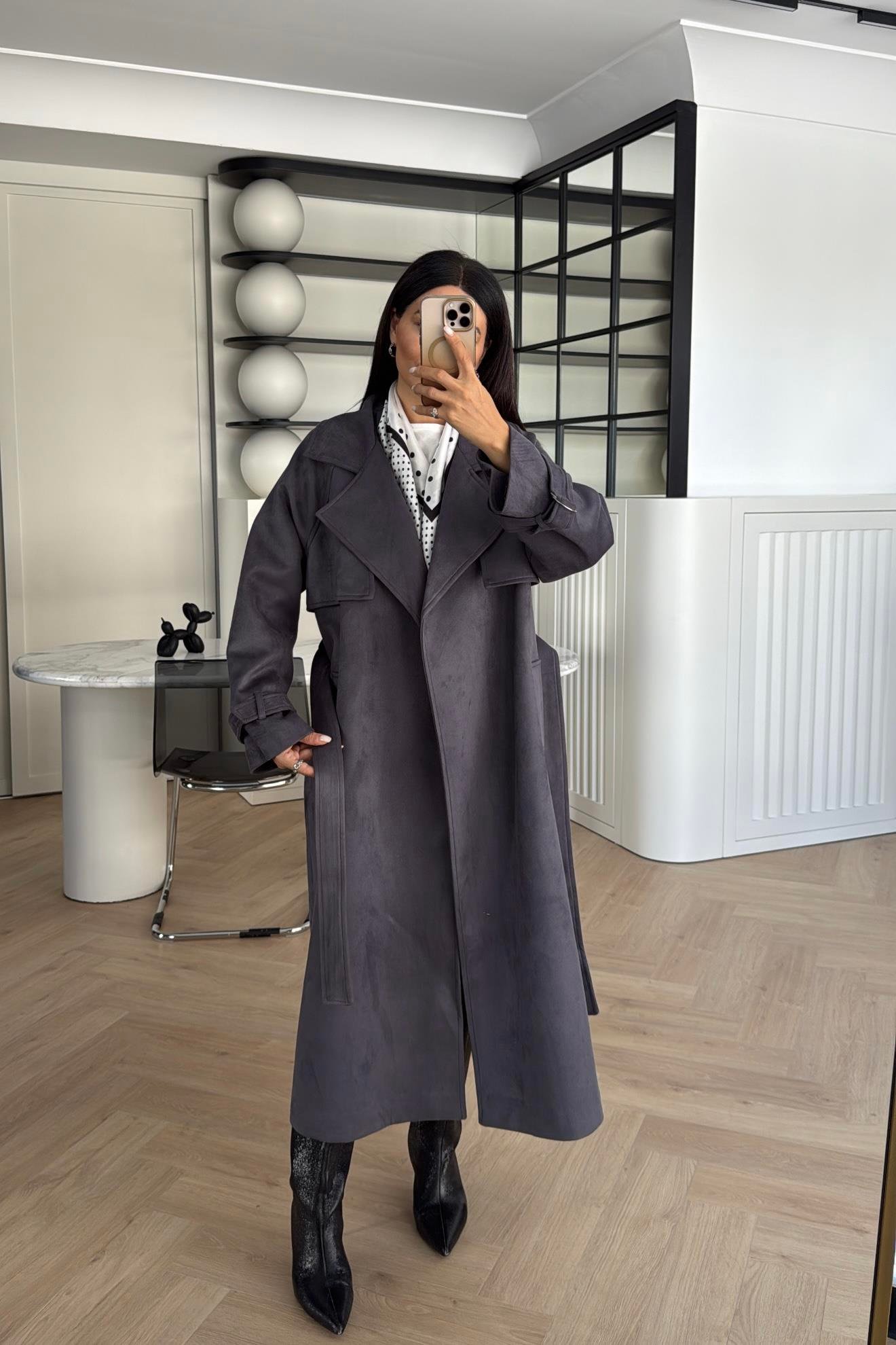 GRİ KUŞAKLI SÜET TRENÇKOT