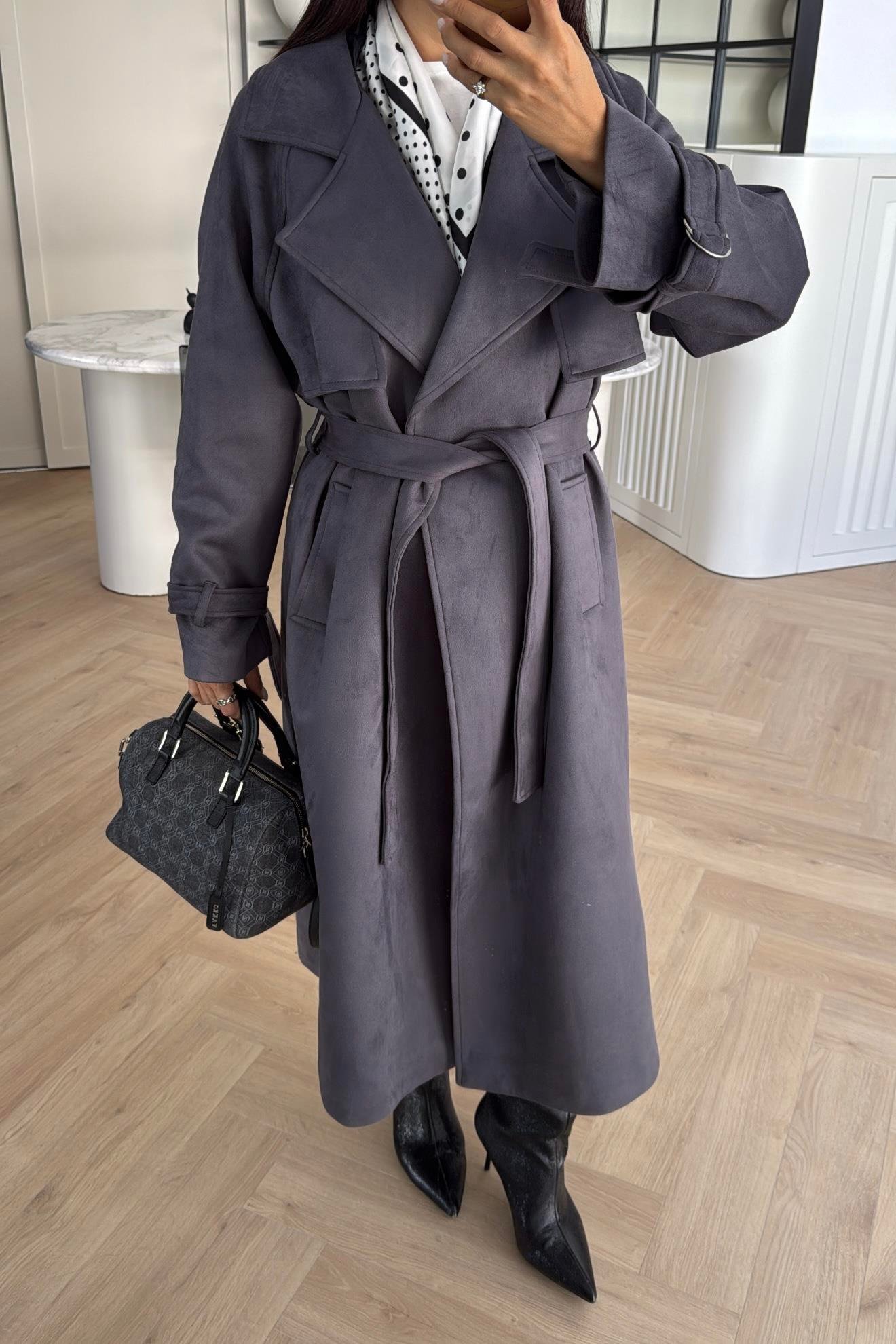 GRİ KUŞAKLI SÜET TRENÇKOT