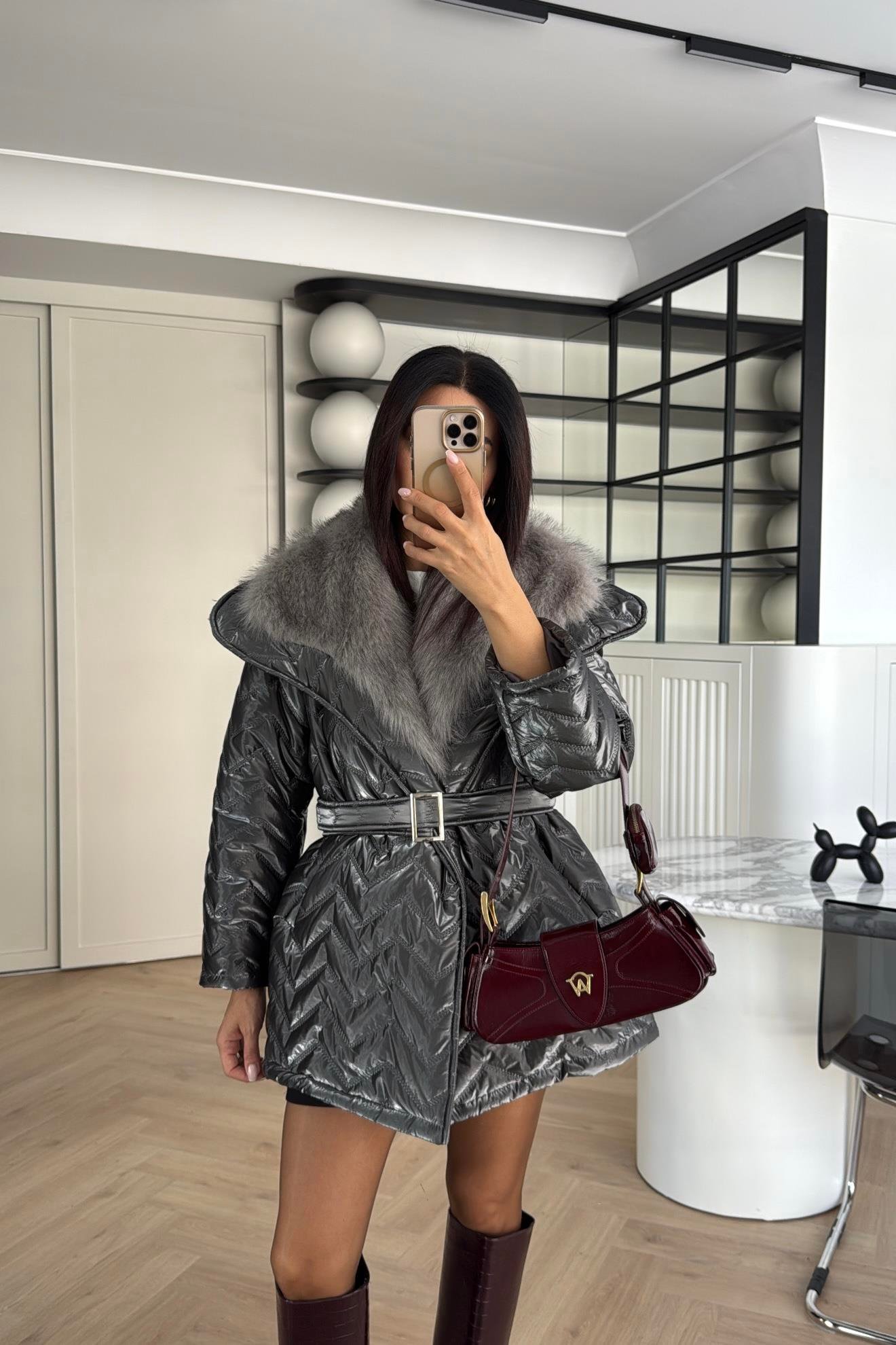 GRİ RENK TASARIM KÜRKLÜ ELYAF DOLGULU MONT 