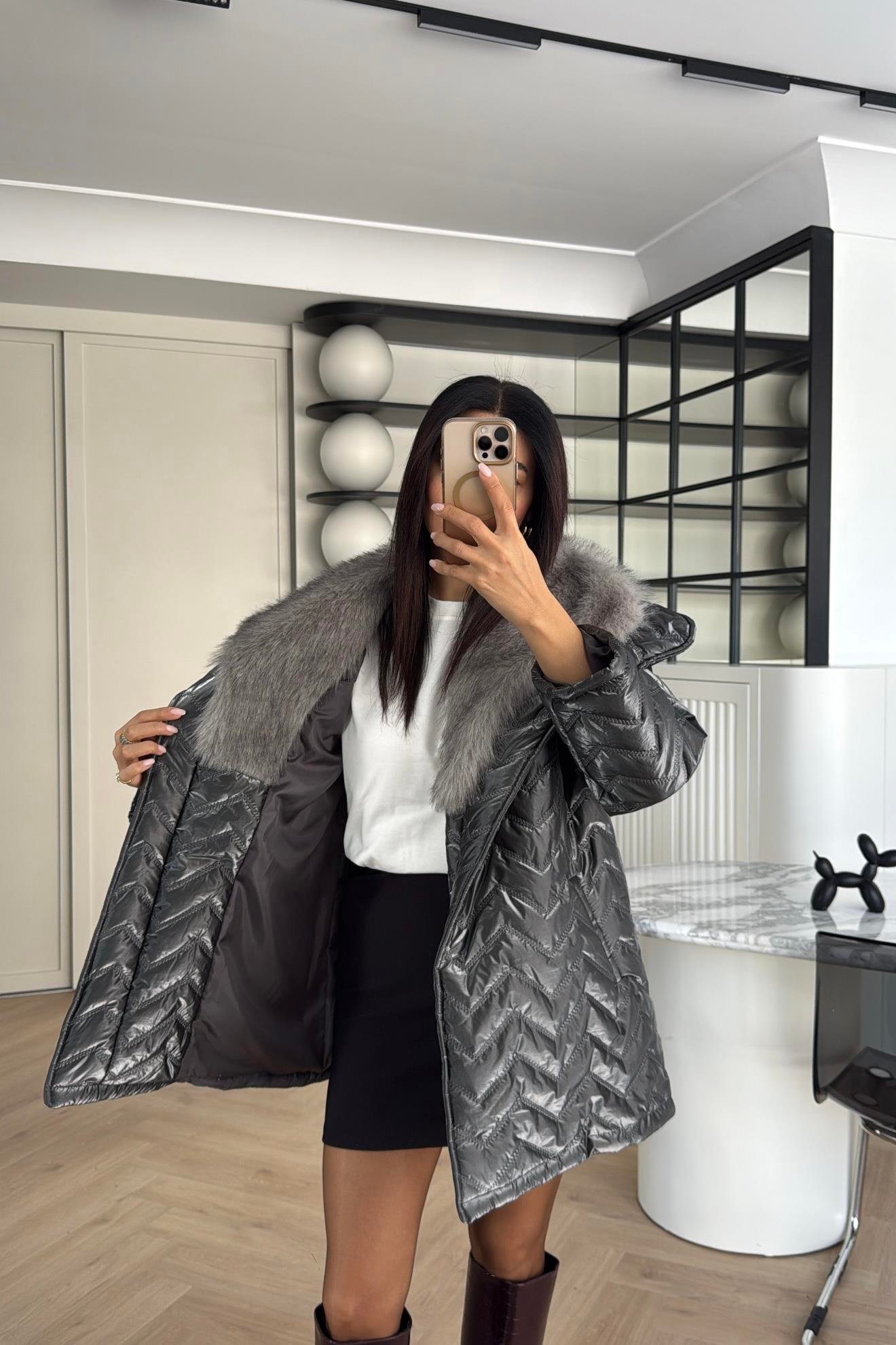 GRİ RENK TASARIM KÜRKLÜ ELYAF DOLGULU MONT 