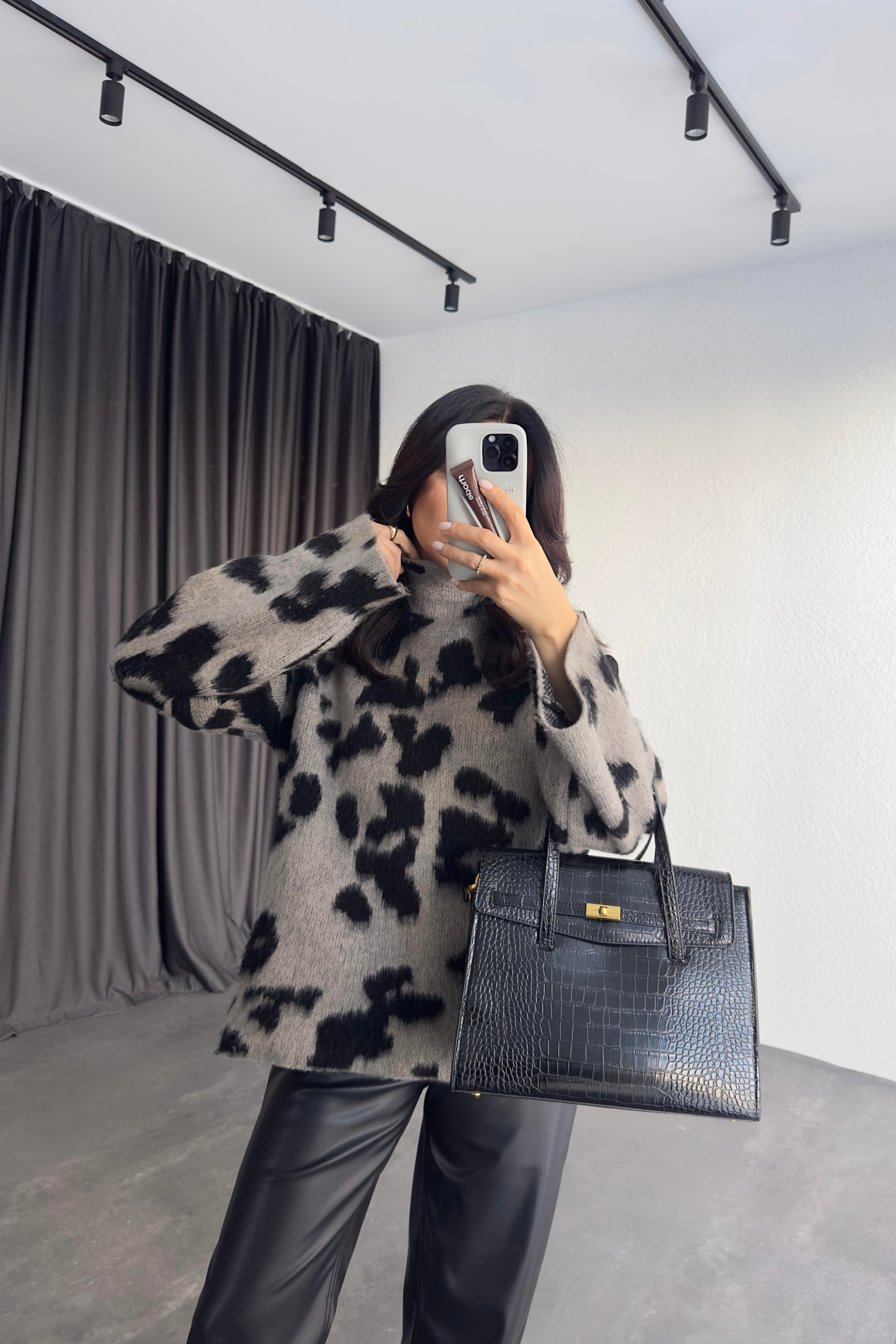 Gri Yarım Balıkçı Desenli Kazak 