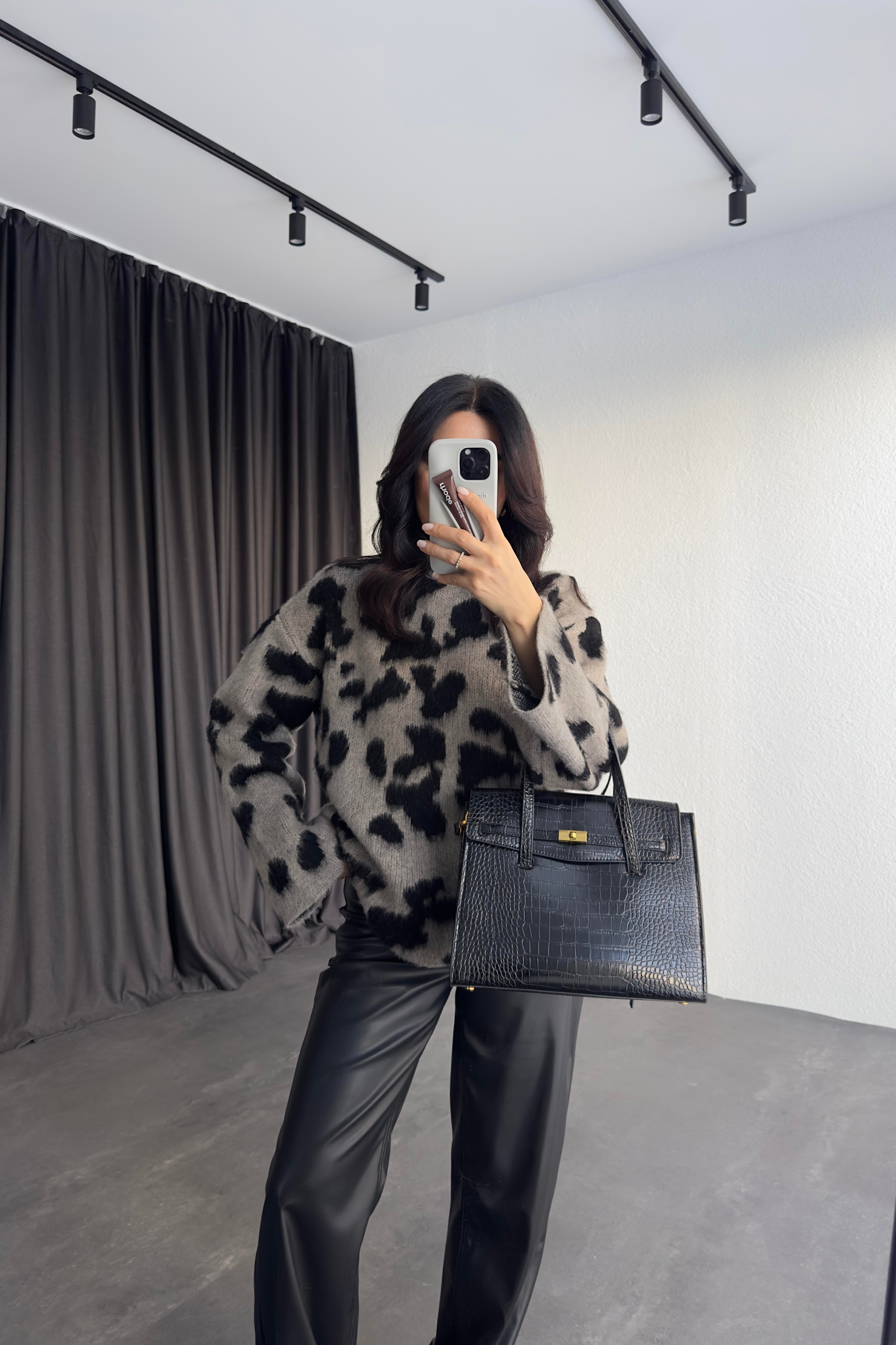 Gri Yarım Balıkçı Desenli Kazak 