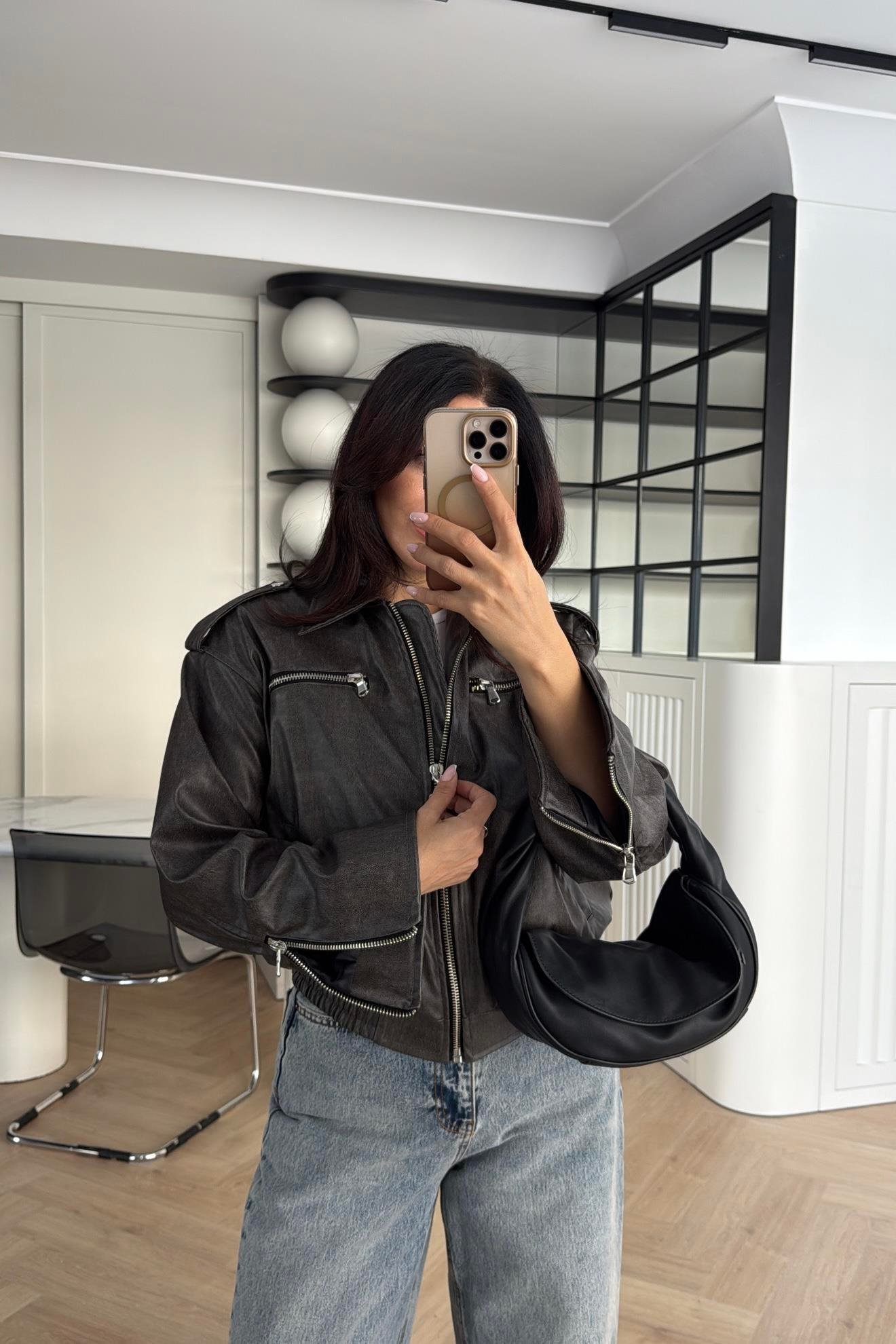 GRİ YIKAMALI APOLETLİ DERİ CEKET