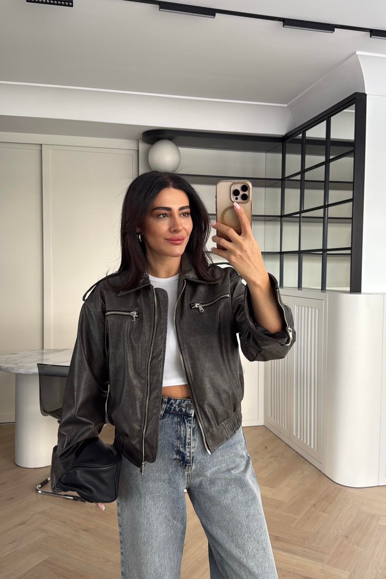 GRİ YIKAMALI APOLETLİ DERİ CEKET