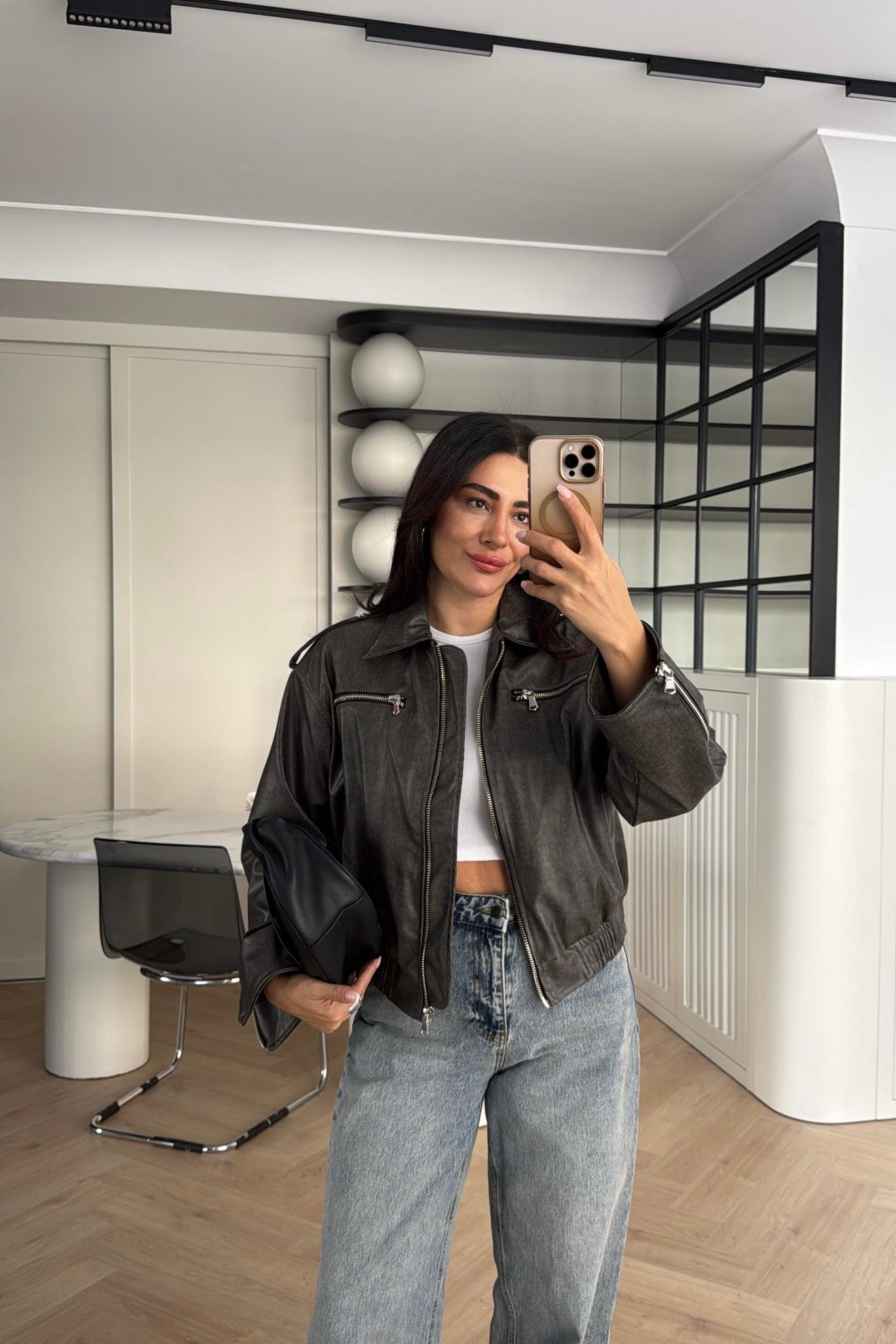 GRİ YIKAMALI APOLETLİ DERİ CEKET