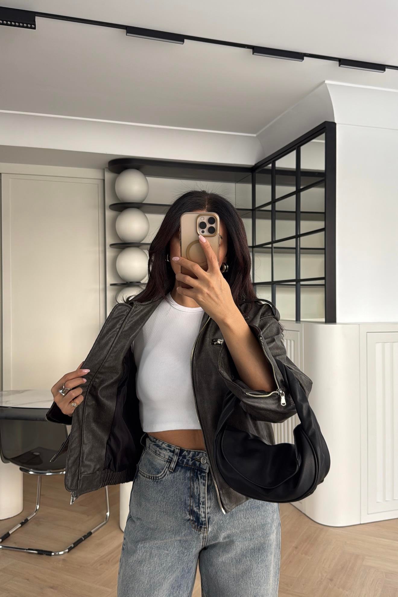 GRİ YIKAMALI APOLETLİ DERİ CEKET