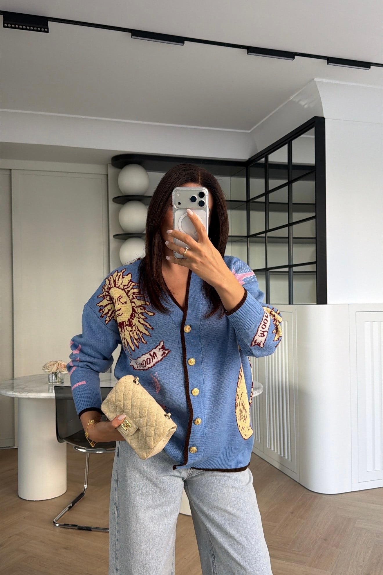 GÜNEŞ DESENLİ OVERSİZE HIRKA MAVİ 