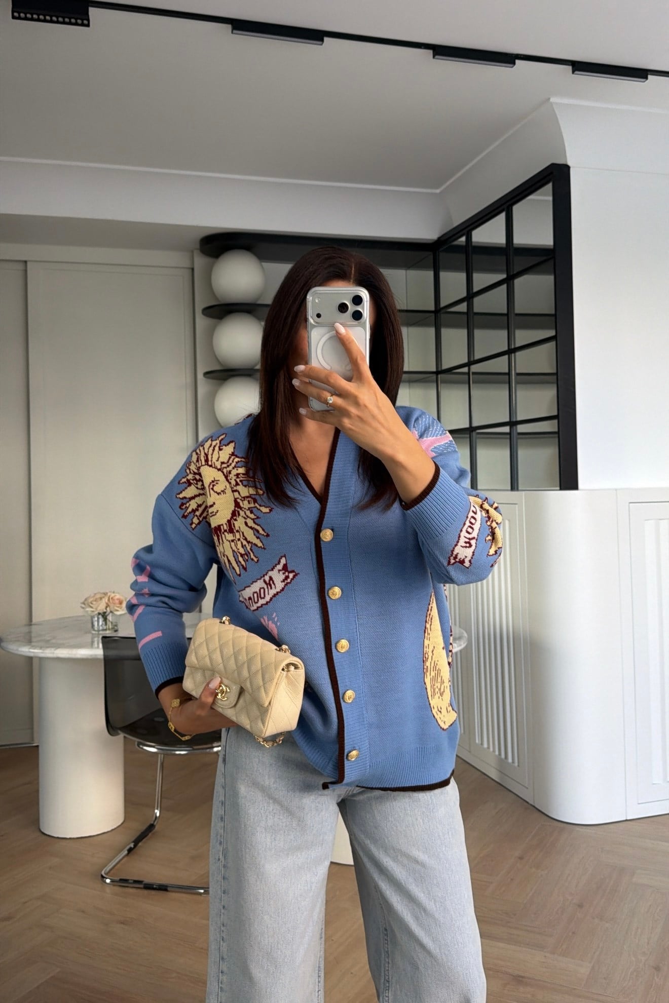 GÜNEŞ DESENLİ OVERSİZE HIRKA MAVİ 
