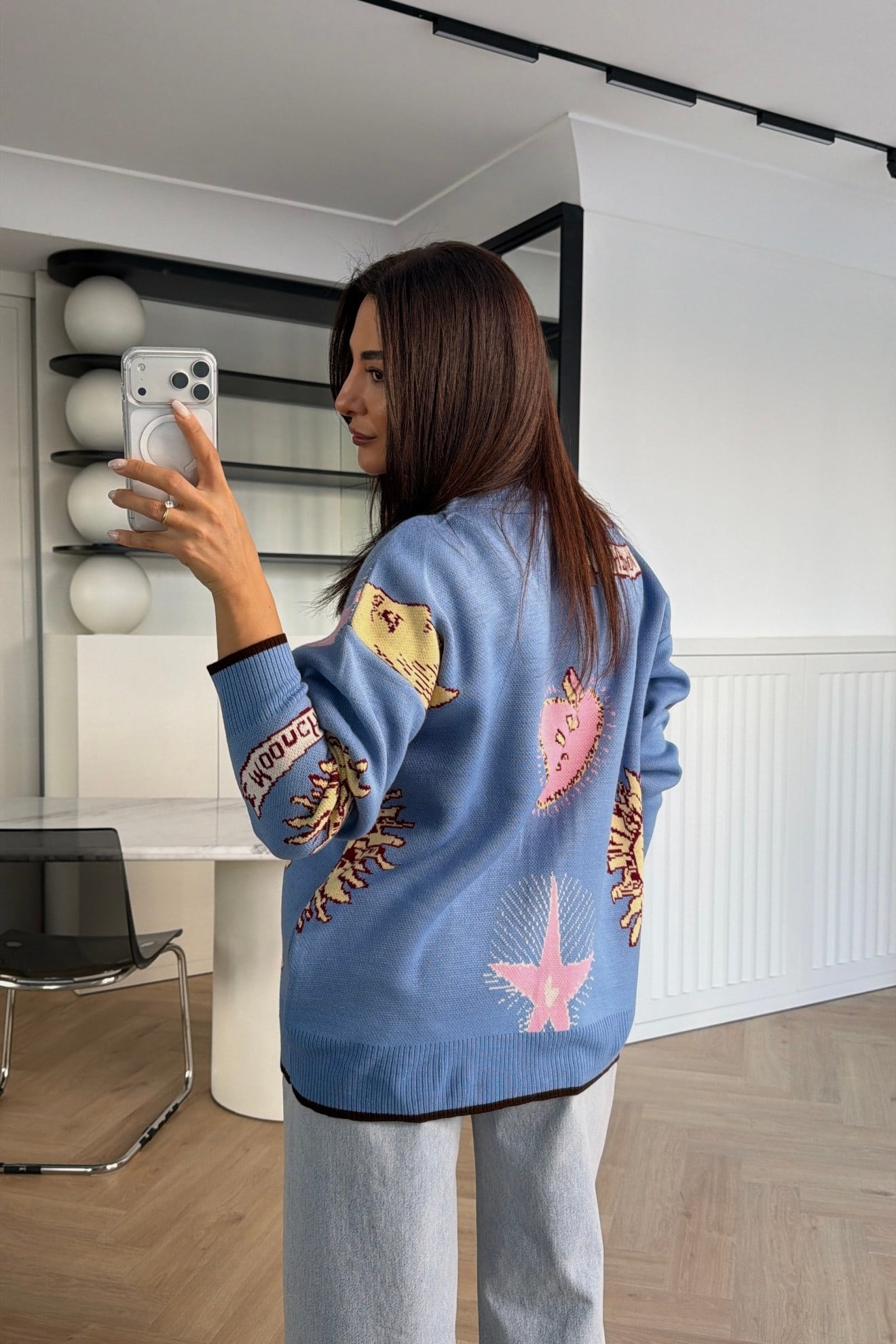 GÜNEŞ DESENLİ OVERSİZE HIRKA MAVİ 