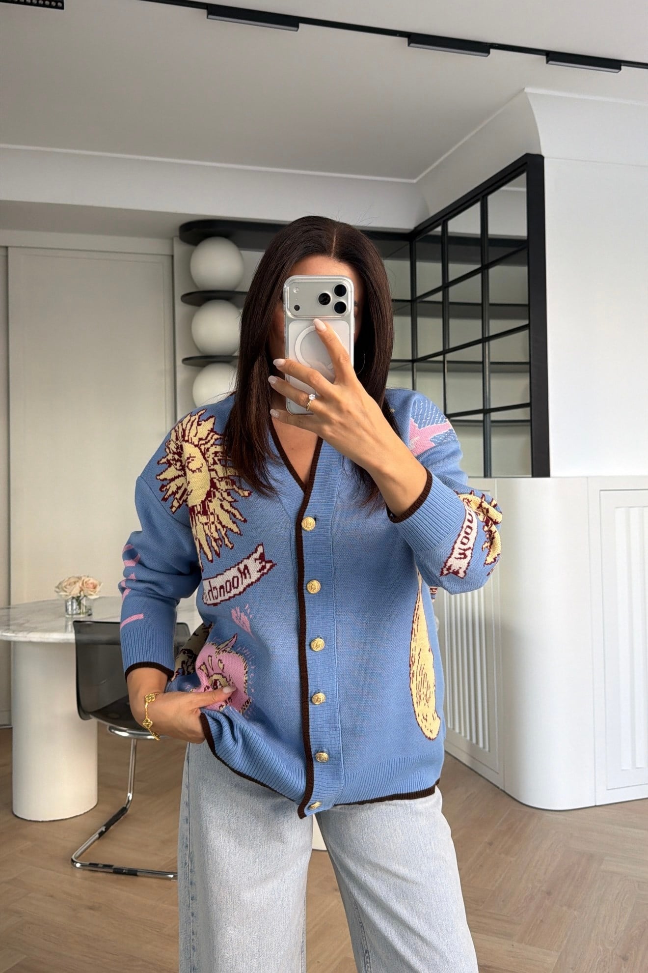 GÜNEŞ DESENLİ OVERSİZE HIRKA MAVİ 