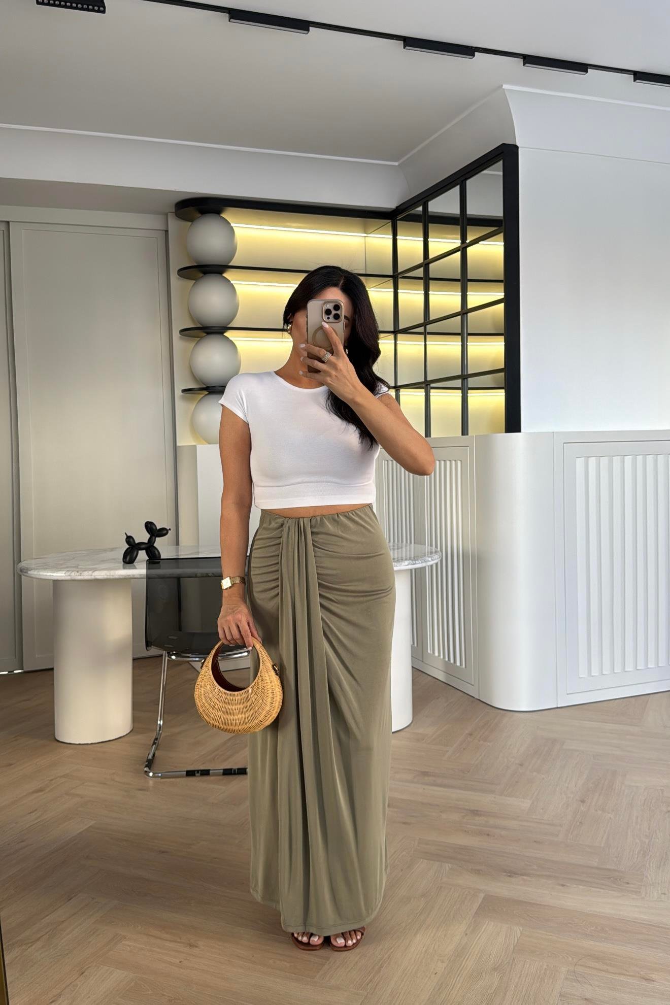 HAKİ BELİ LASTIKLI YIRTMAÇLI MODAL KUMAŞ ETEK