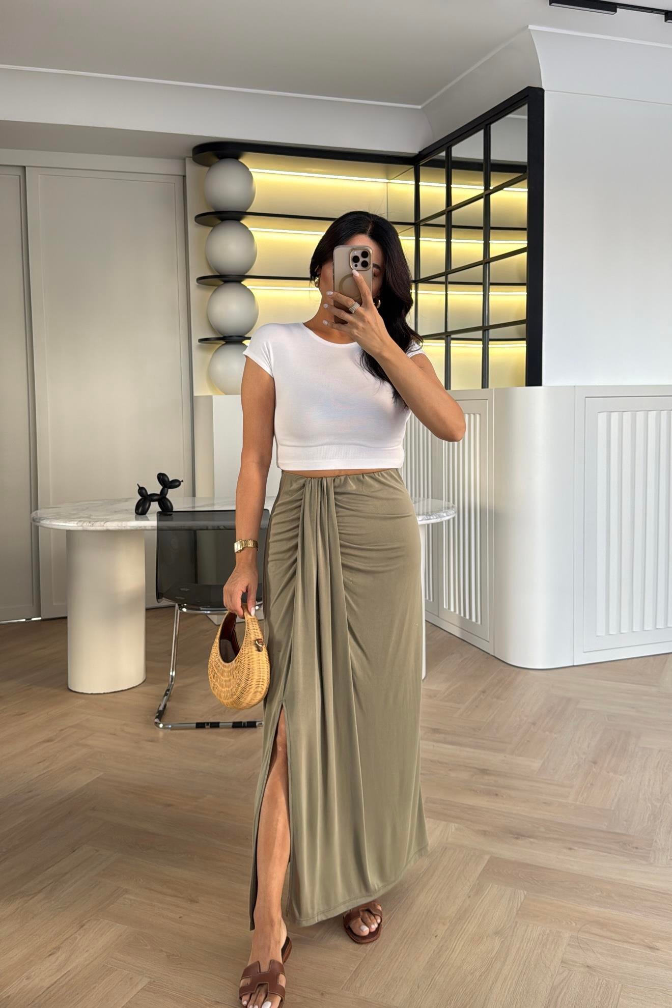 HAKİ BELİ LASTIKLI YIRTMAÇLI MODAL KUMAŞ ETEK