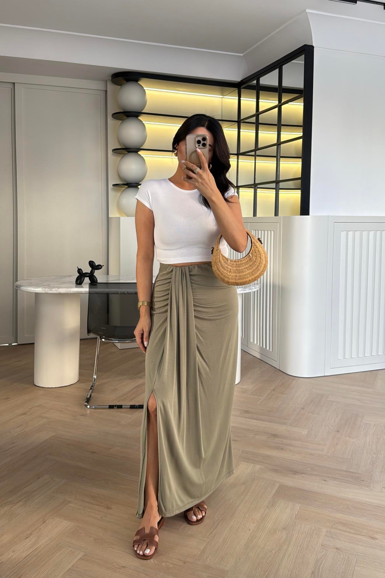 HAKİ BELİ LASTIKLI YIRTMAÇLI MODAL KUMAŞ ETEK