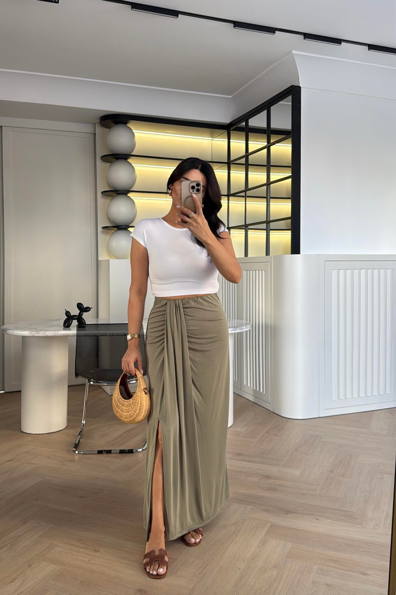 HAKİ BELİ LASTIKLI YIRTMAÇLI MODAL KUMAŞ ETEK