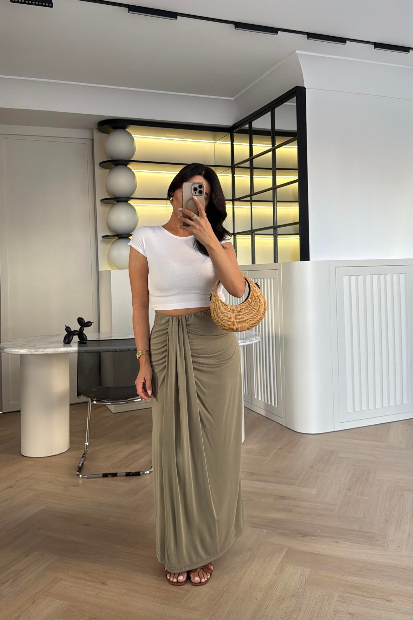 HAKİ BELİ LASTIKLI YIRTMAÇLI MODAL KUMAŞ ETEK