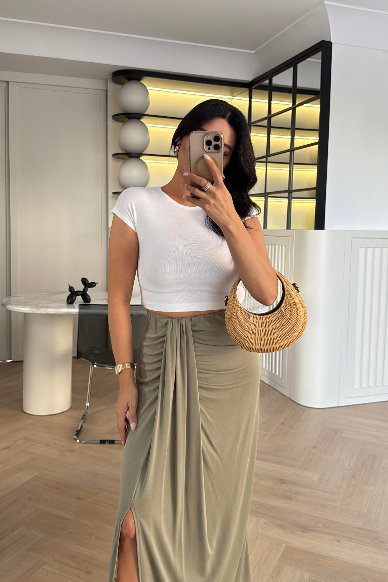 HAKİ BELİ LASTIKLI YIRTMAÇLI MODAL KUMAŞ ETEK