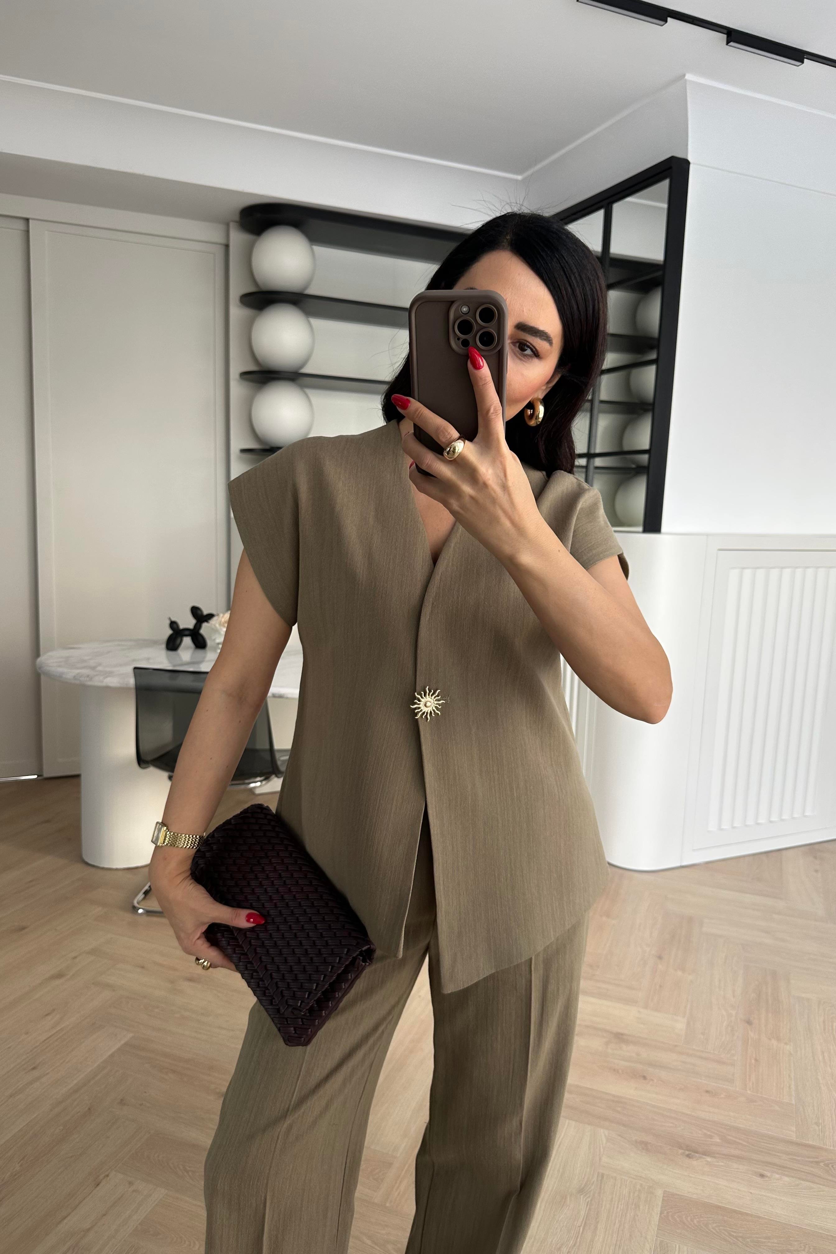 Haki Güneş Düğmeli Keten Yelek Pantolon Takım