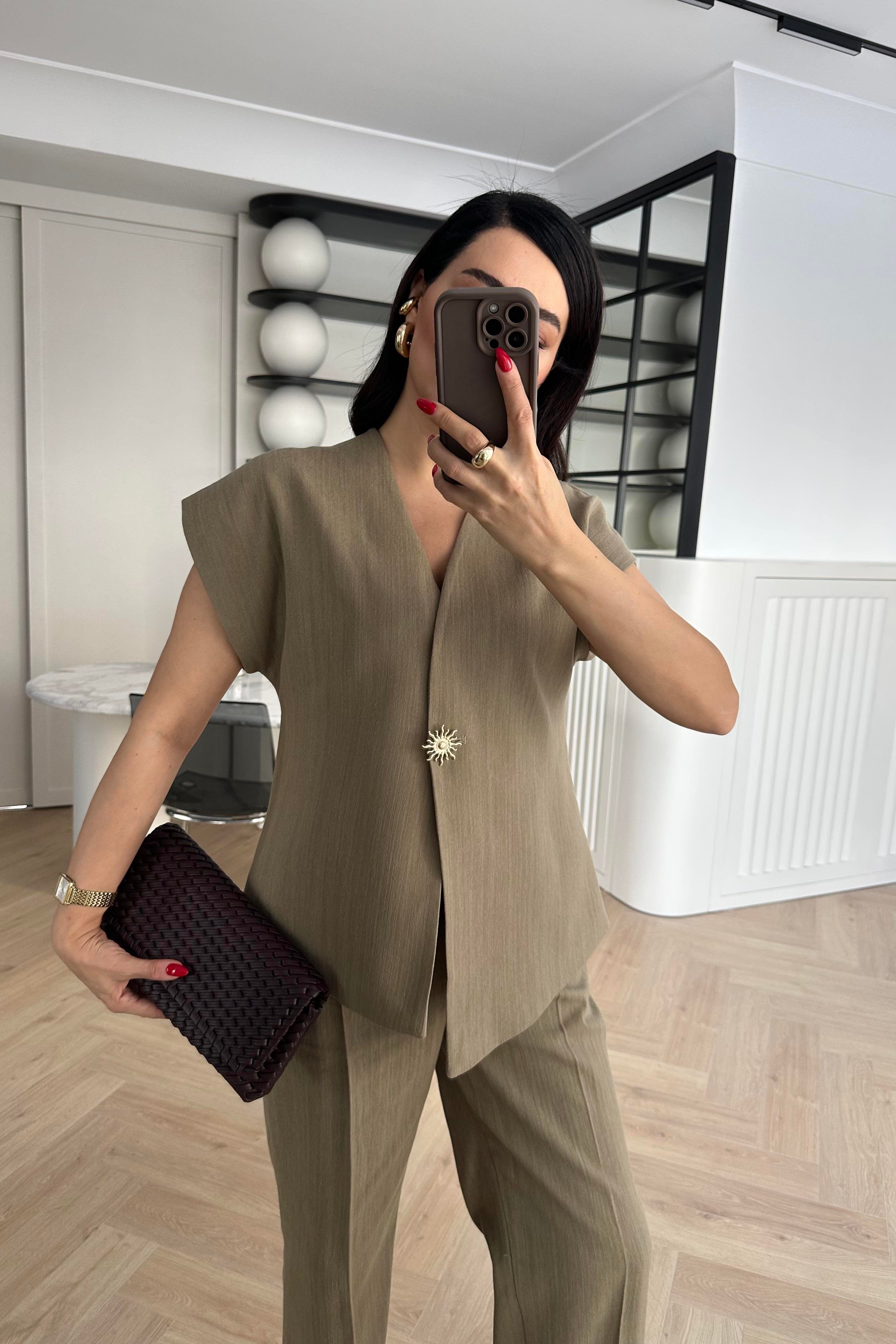 Haki Güneş Düğmeli Keten Yelek Pantolon Takım