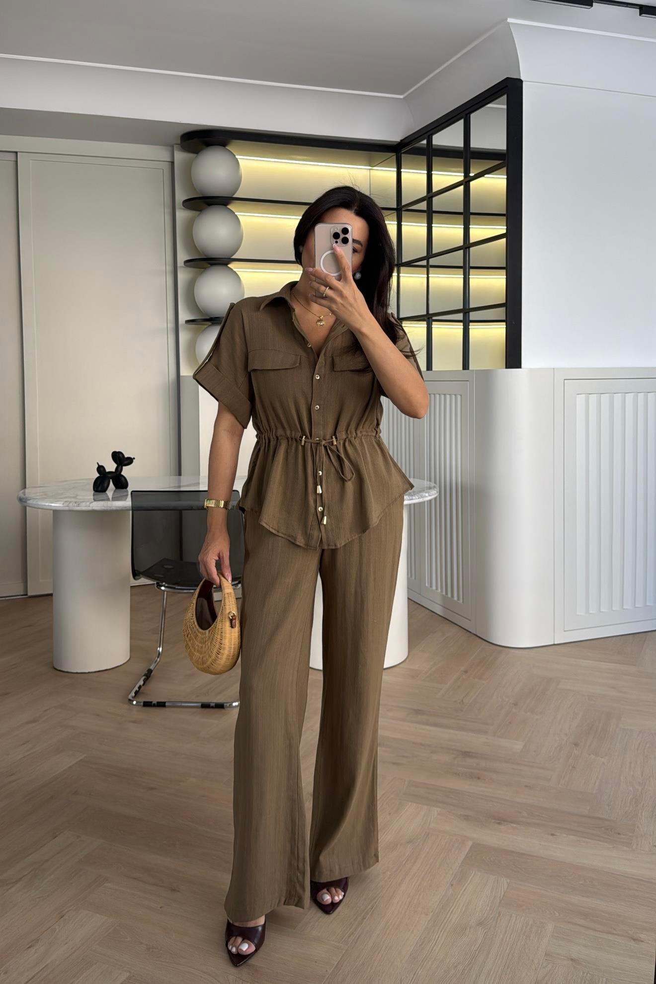 HAKİ KETEN KUMAŞ GÖMLEK PANTOLON TAKIM