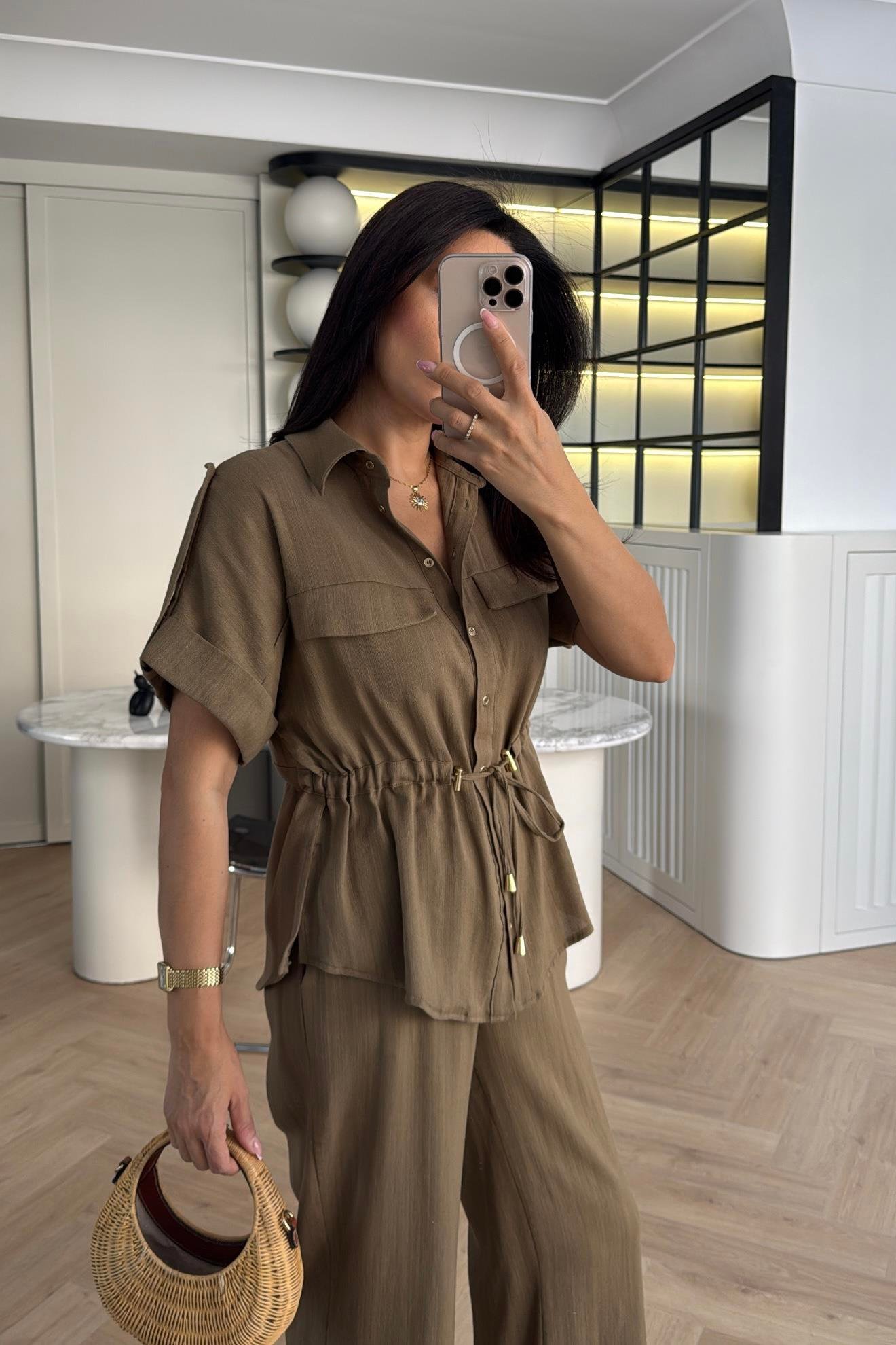 HAKİ KETEN KUMAŞ GÖMLEK PANTOLON TAKIM