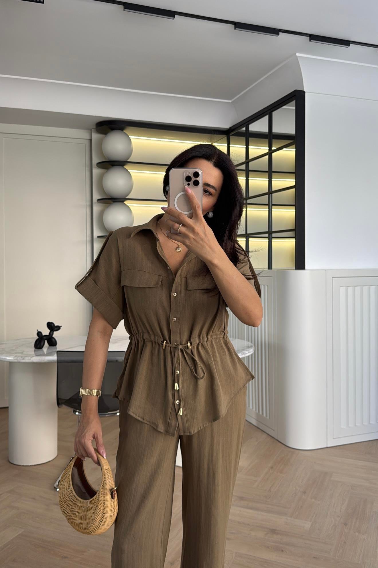 HAKİ KETEN KUMAŞ GÖMLEK PANTOLON TAKIM