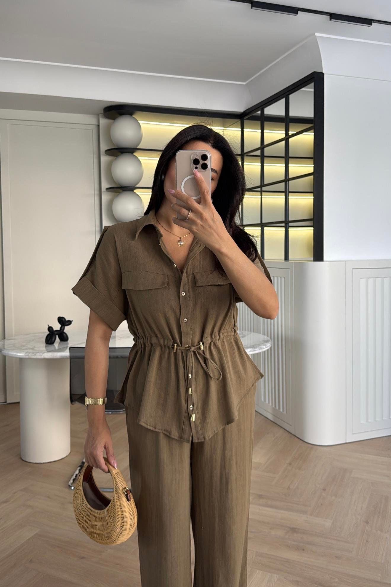 HAKİ KETEN KUMAŞ GÖMLEK PANTOLON TAKIM