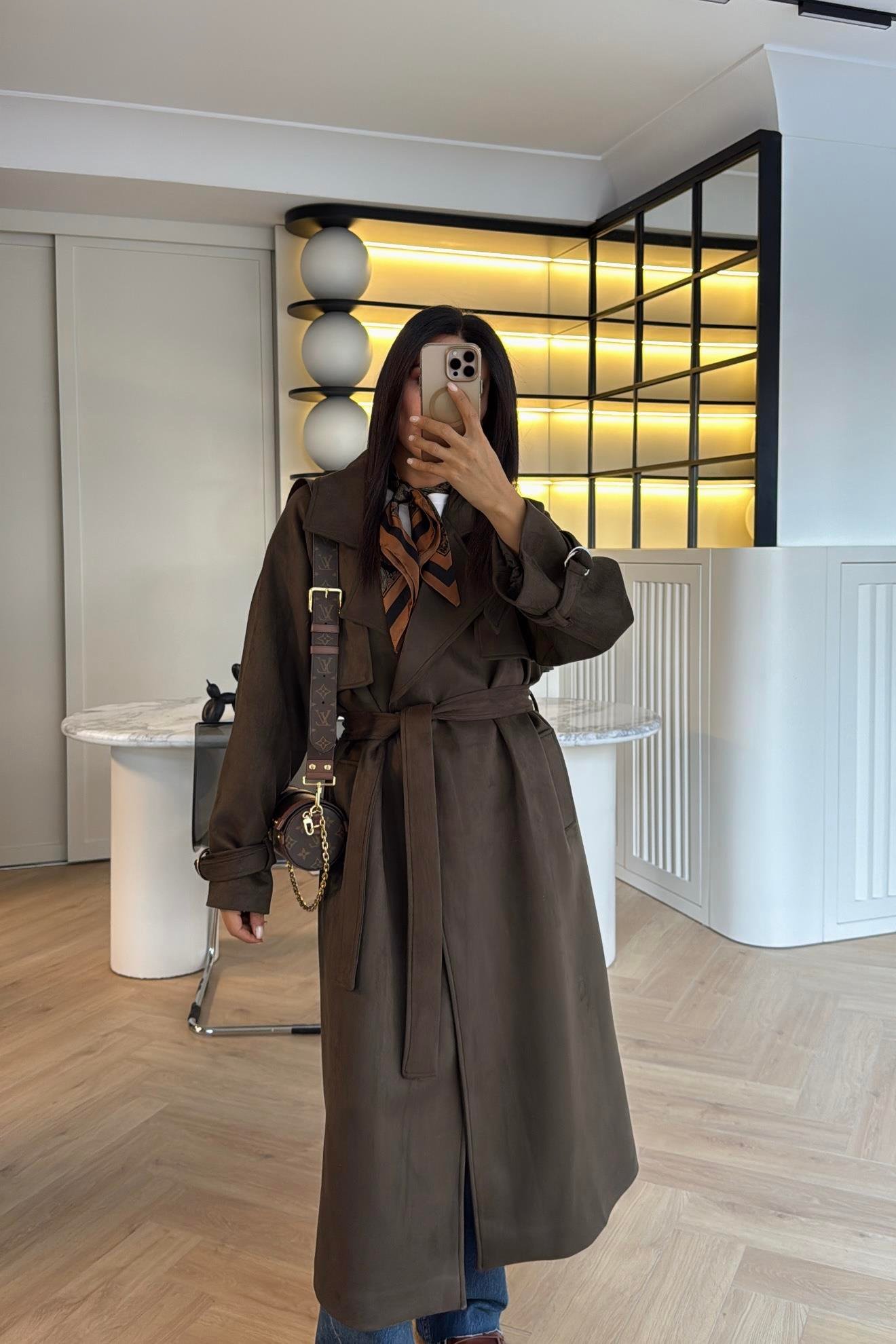 HAKİ KUŞAKLI SÜET TRENÇKOT