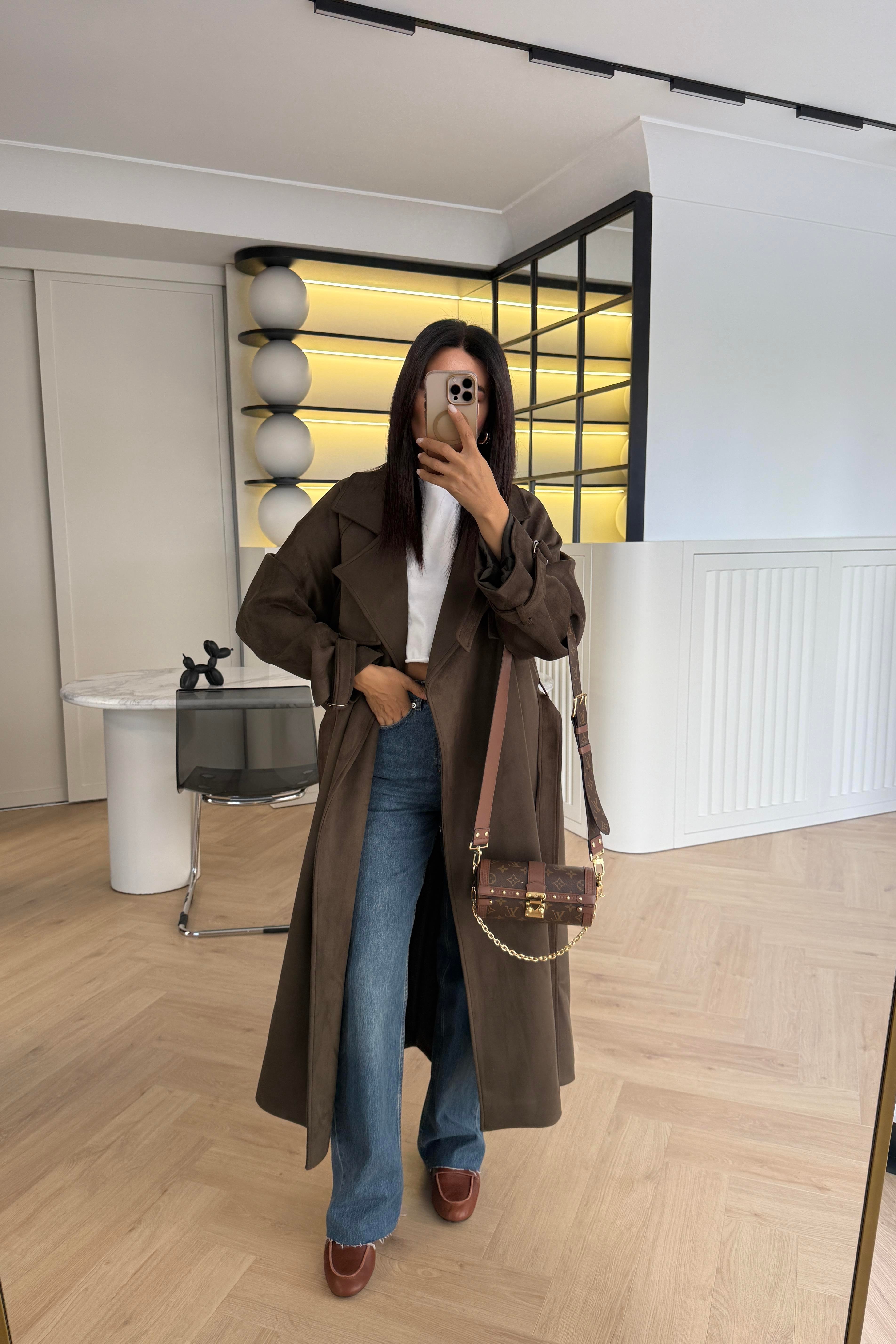 HAKİ KUŞAKLI SÜET TRENÇKOT