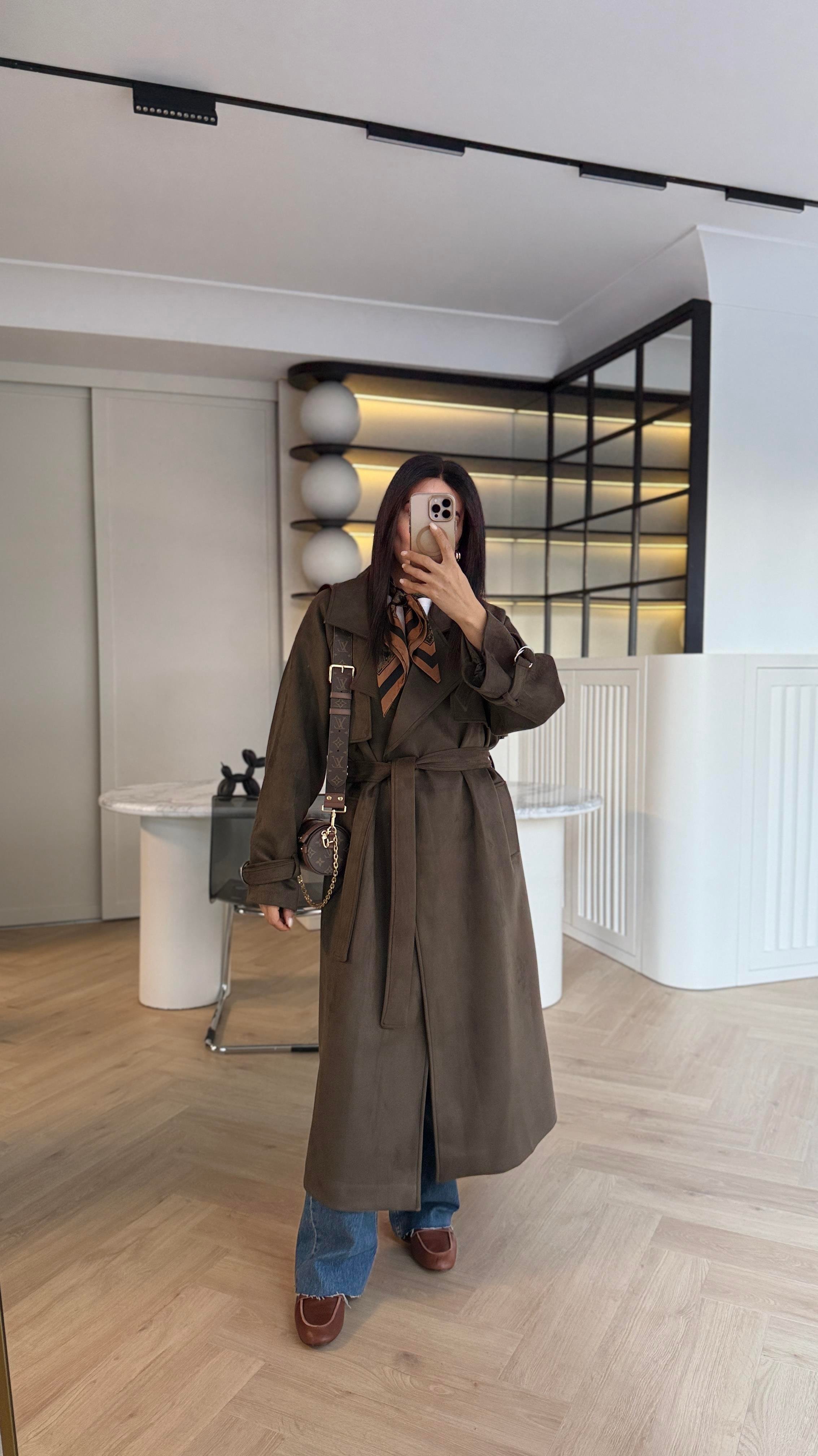 HAKİ KUŞAKLI SÜET TRENÇKOT