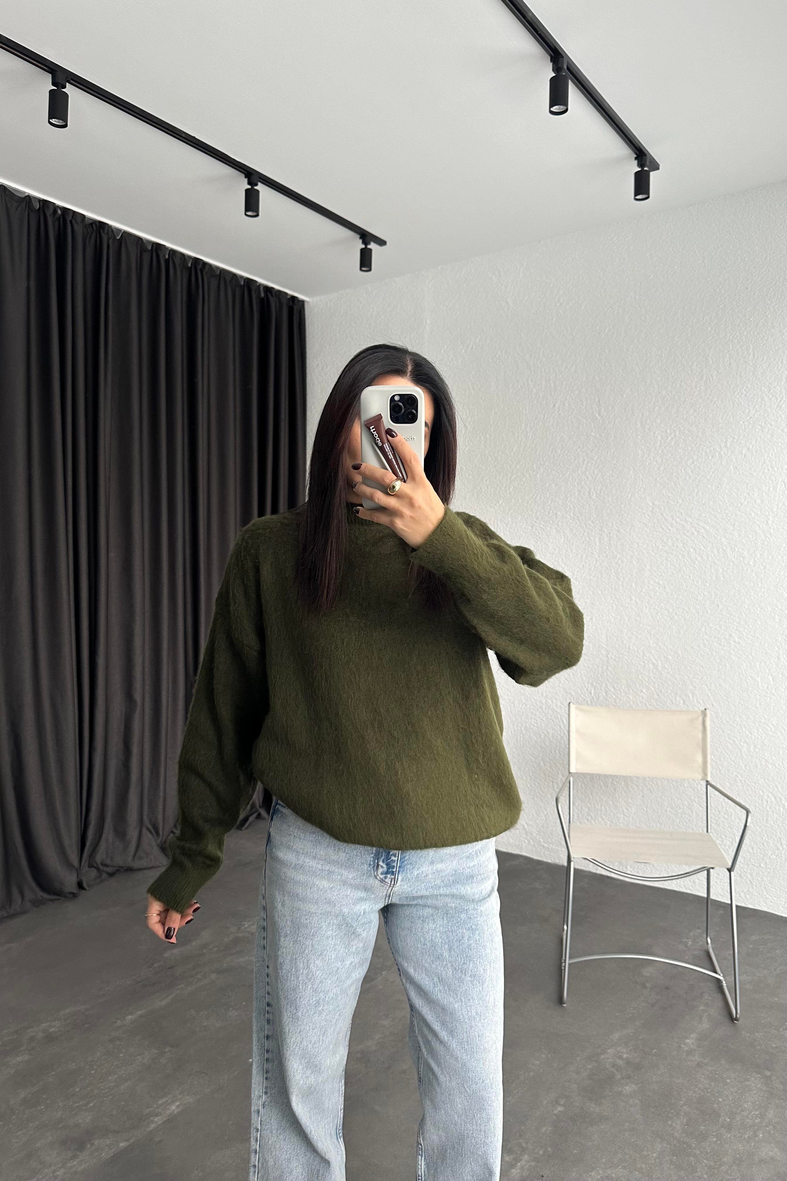 Haki Marka Model Bisiklet Yaka Şardonlu Basic Triko Kazak 