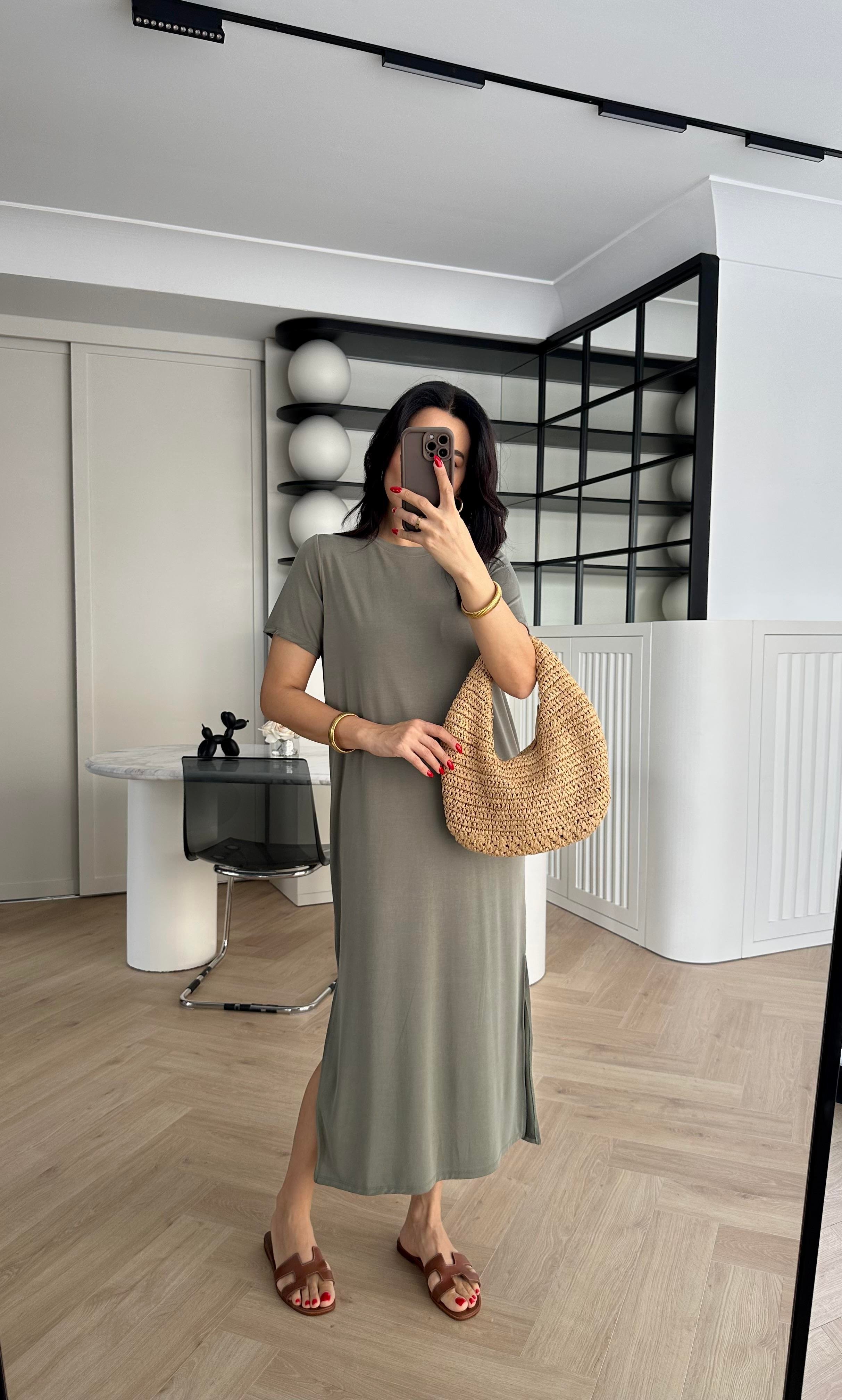 Haki Modal Kumaş Yırtmaçlı Basic Elbise