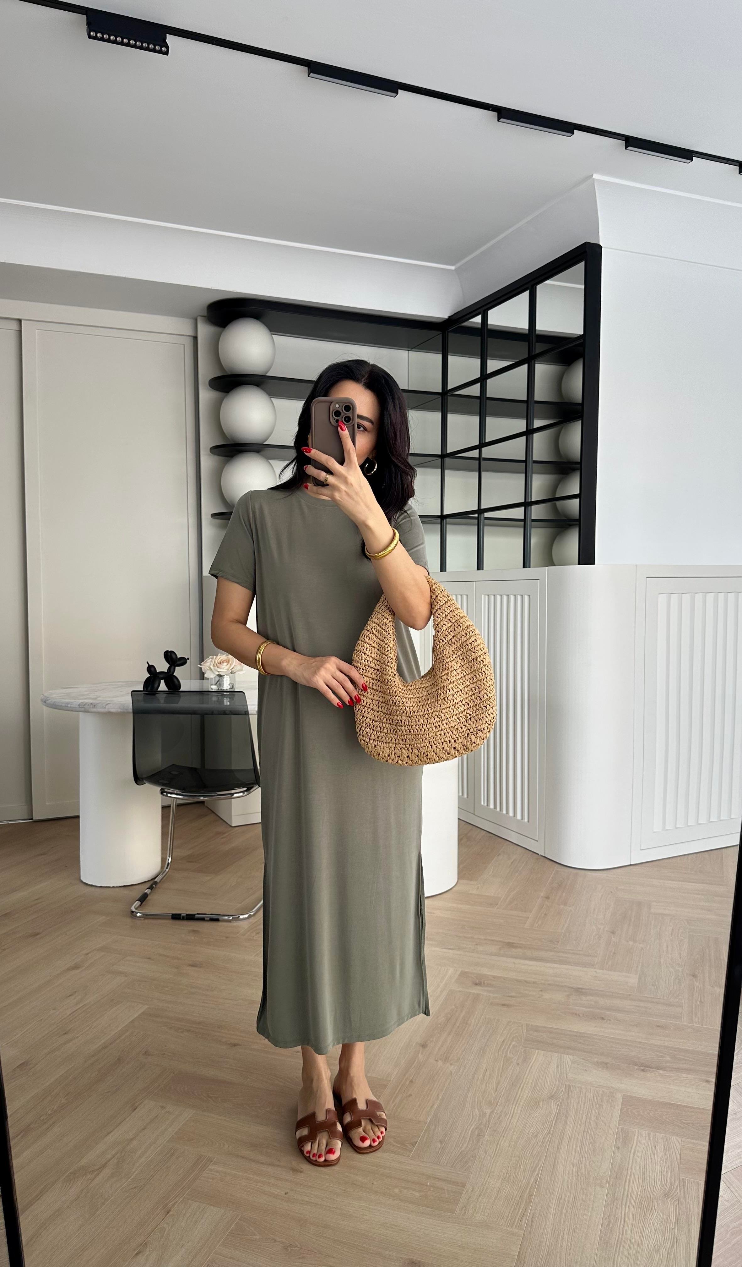 Haki Modal Kumaş Yırtmaçlı Basic Elbise