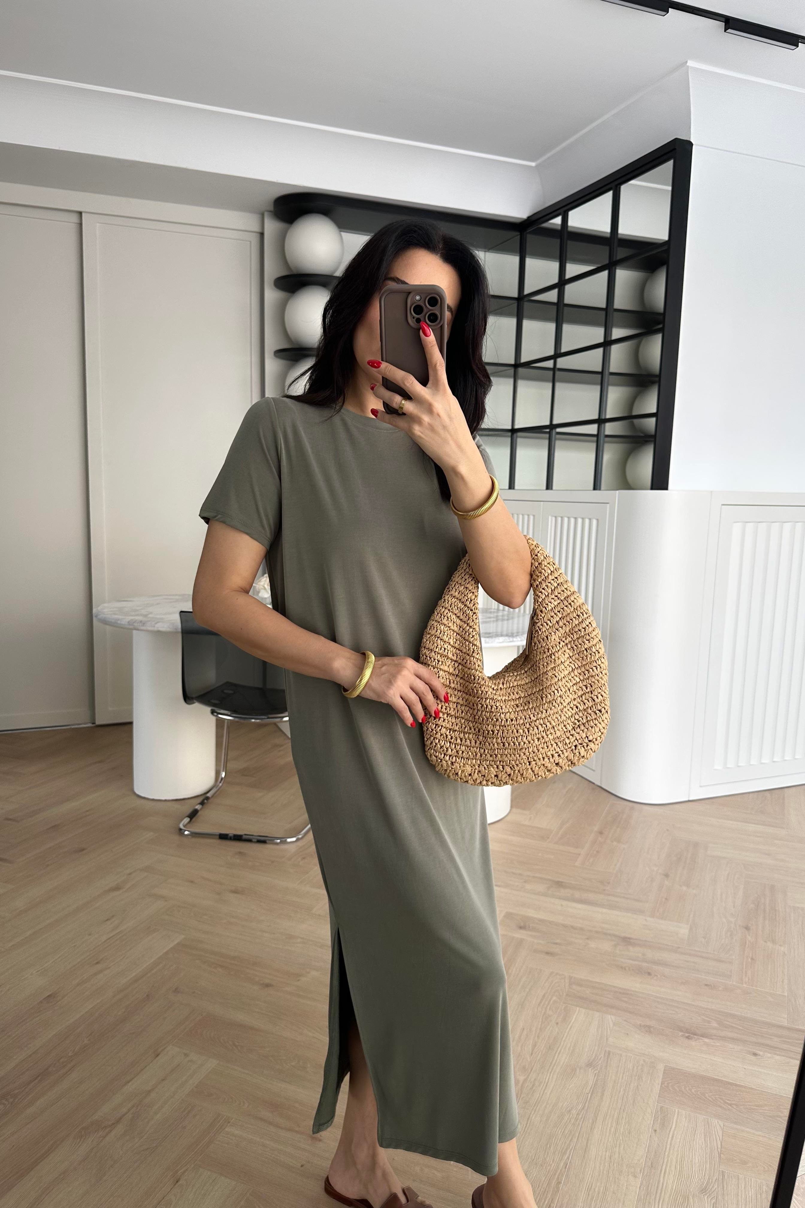 Haki Modal Kumaş Yırtmaçlı Basic Elbise