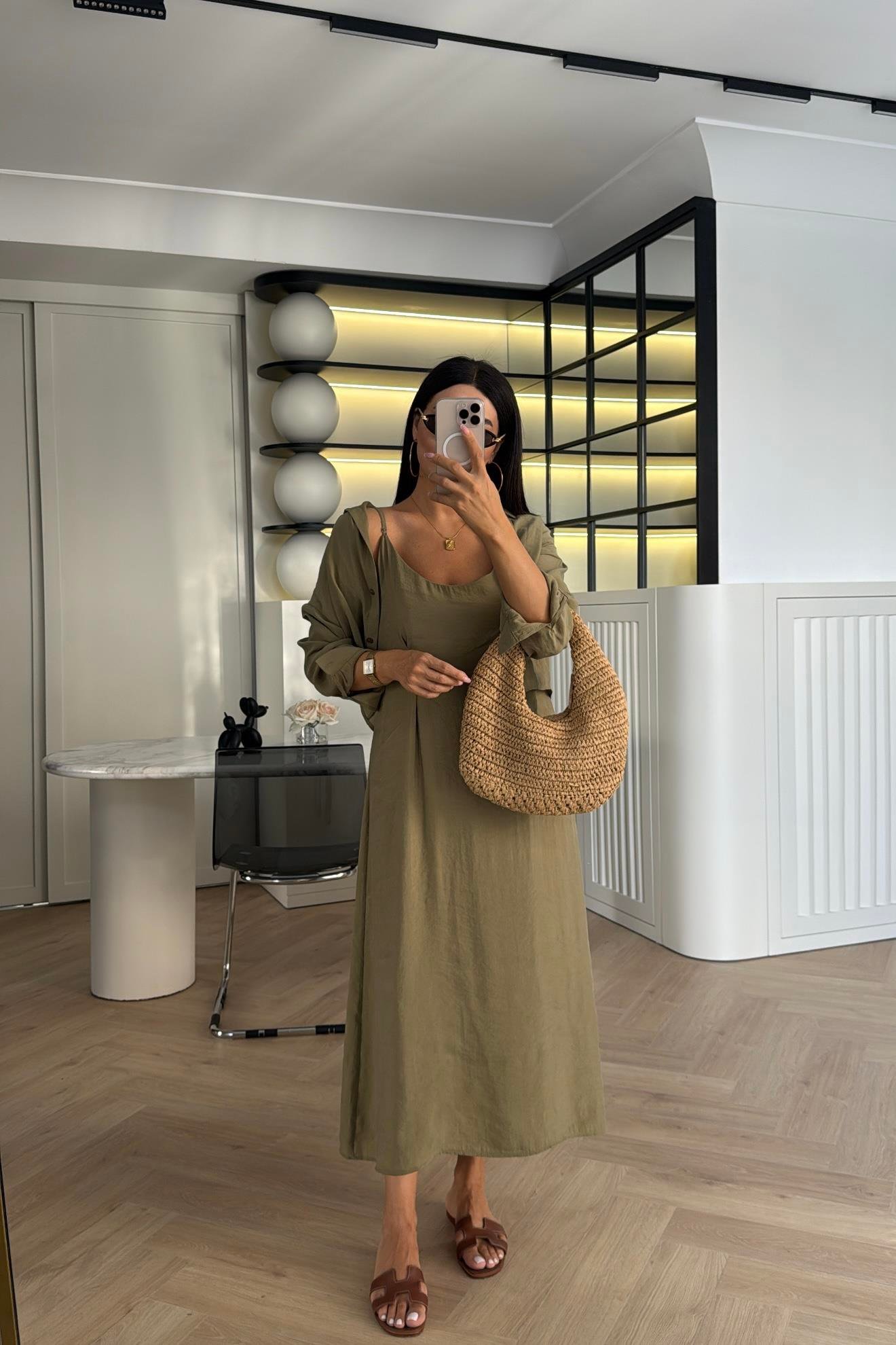 HAKİ TENSEL GÖMLEK DETAY ASKILI ELBİSE