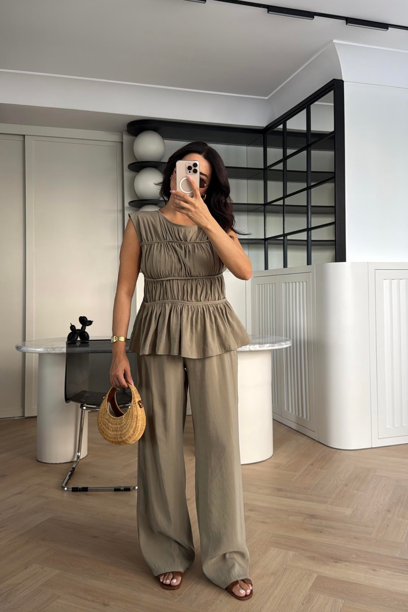 HAKİ TENSEL KUMAŞ BLUZ PANTOLON TAKIM