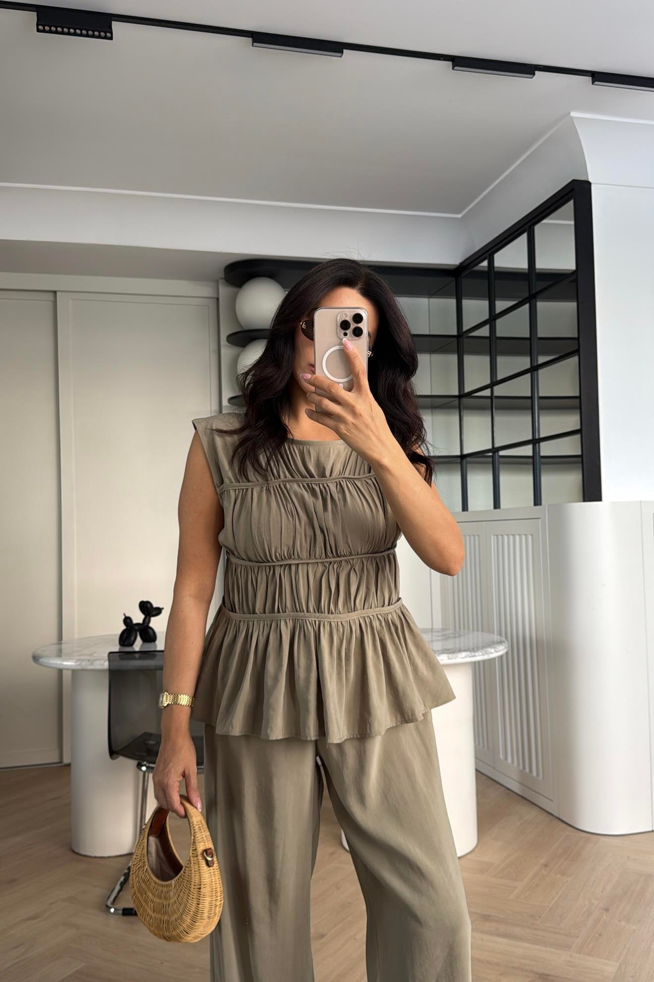 HAKİ TENSEL KUMAŞ BLUZ PANTOLON TAKIM