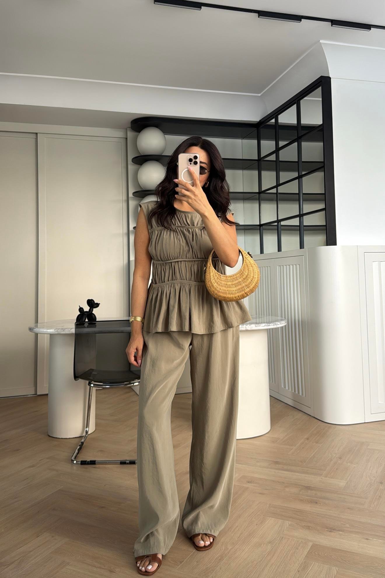HAKİ TENSEL KUMAŞ BLUZ PANTOLON TAKIM