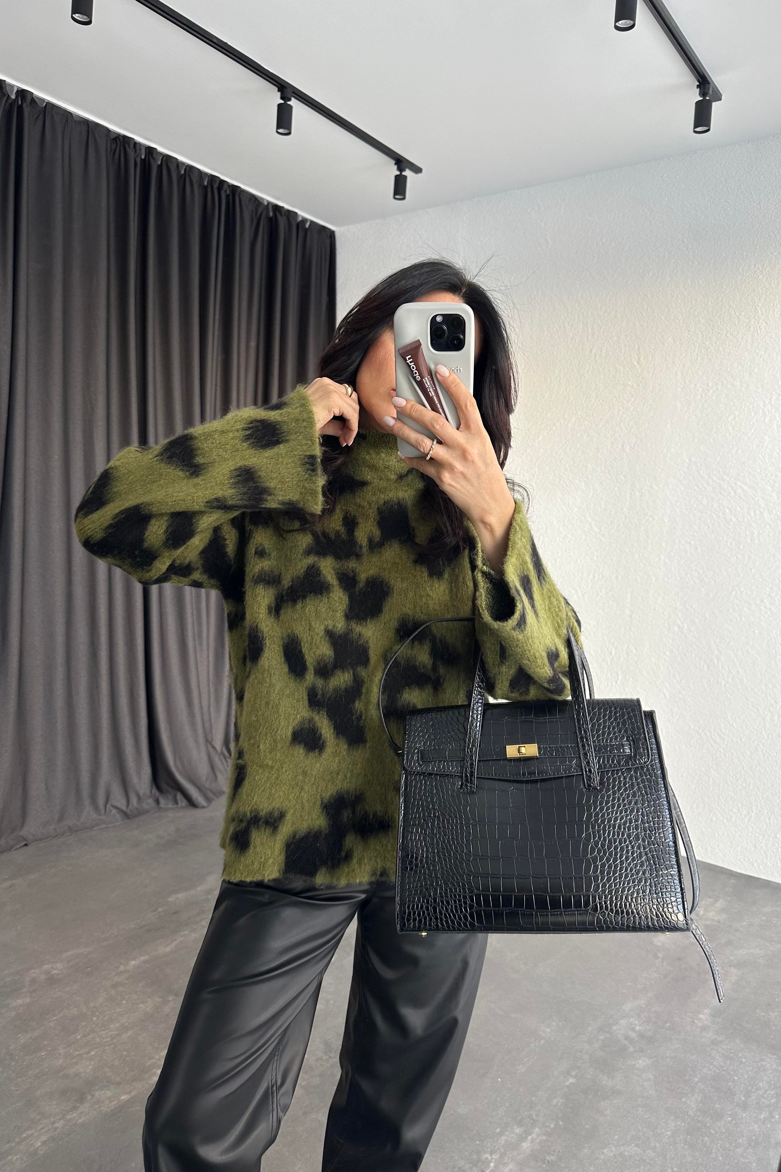 Haki Yarım Balıkçı Desenli Kazak