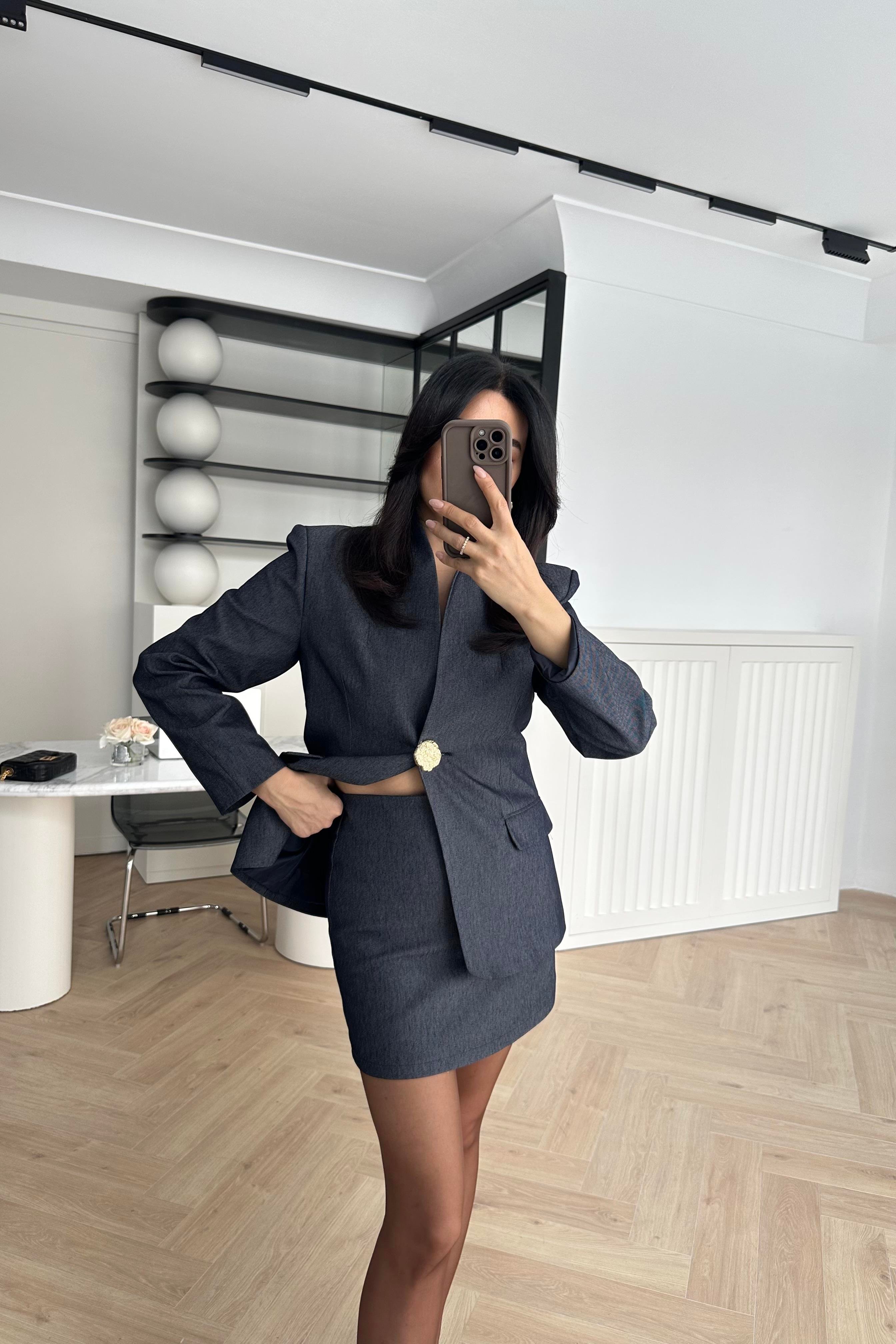 Hakim Yaka Denim Kumaş Tasarım Blazer Ceket Etek Takım