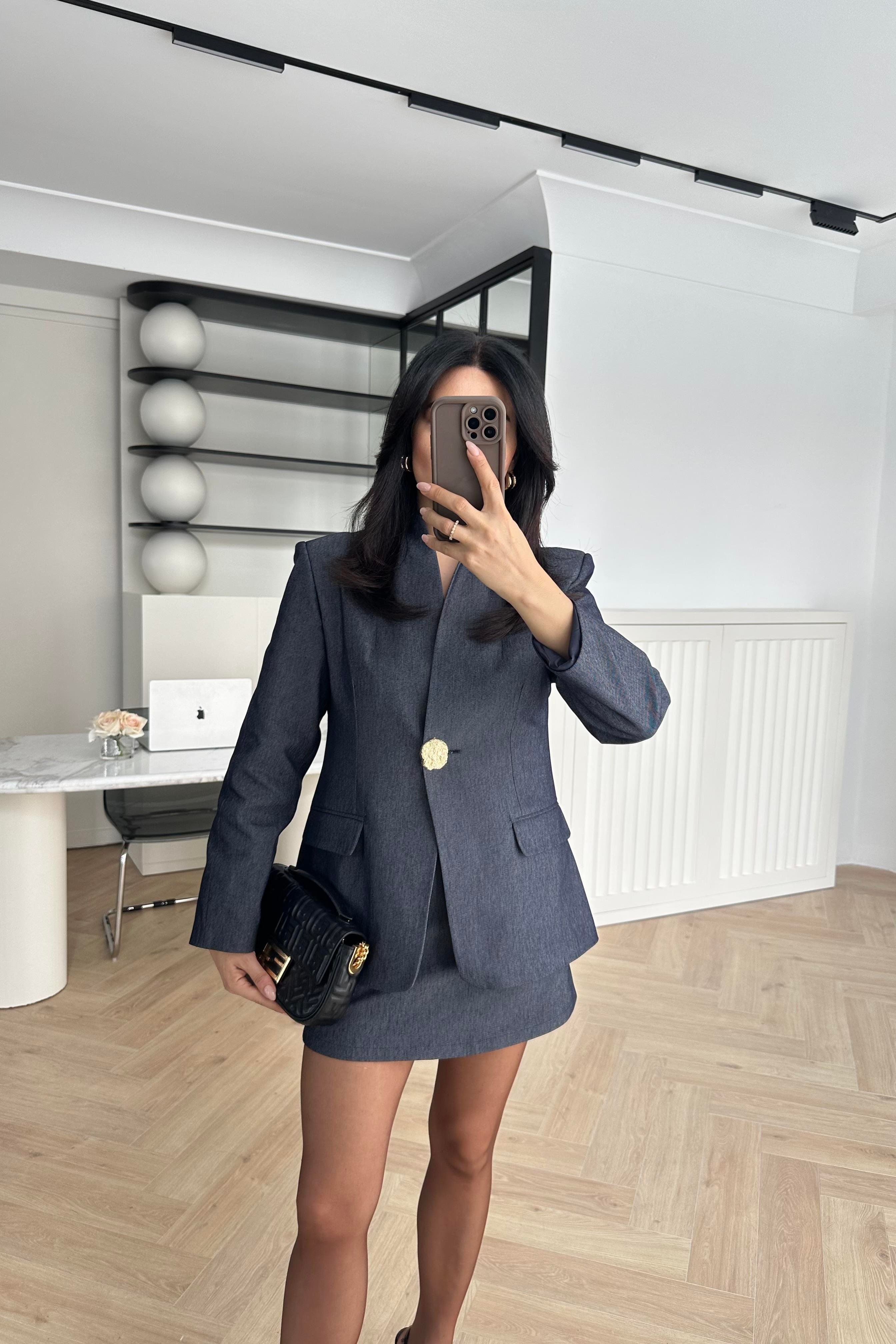 Hakim Yaka Denim Kumaş Tasarım Blazer Ceket Etek Takım